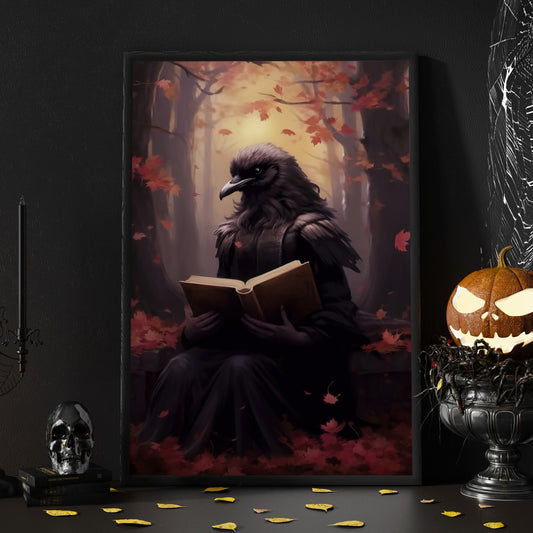 Mysterious Crow Witch Halloween Canvas Painting, Wall Art Decor - Dark Raven Witch Halloween Poster Gift