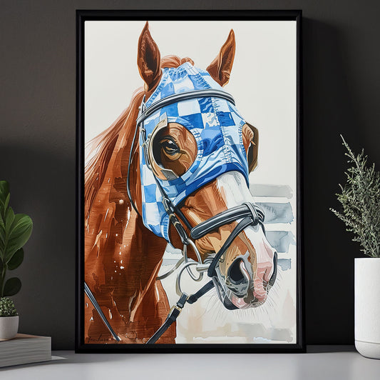 Secretariat Canvas Painting, Horse Portrait Wearing Mask Blue White, Horse Race Wall Art Decor, Poster Gift For Horse Racing Lovers