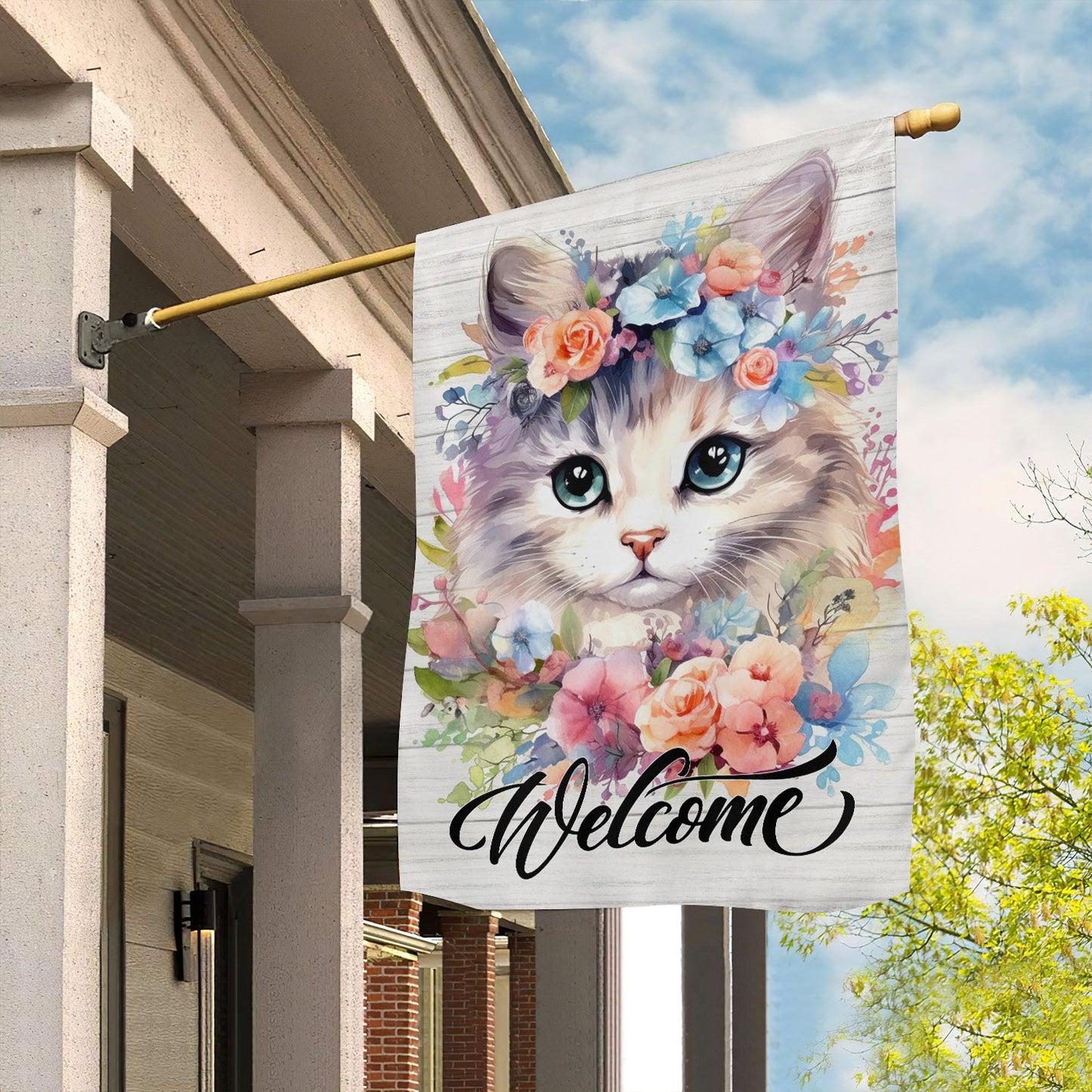 Cute Cat Flag, Welcome To My Garden With Flowers, Gift For Cat Lovers, Garden Lovers