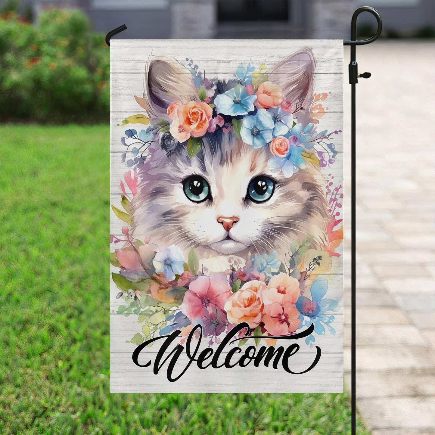 Cute Cat Flag, Welcome To My Garden With Flowers, Gift For Cat Lovers, Garden Lovers