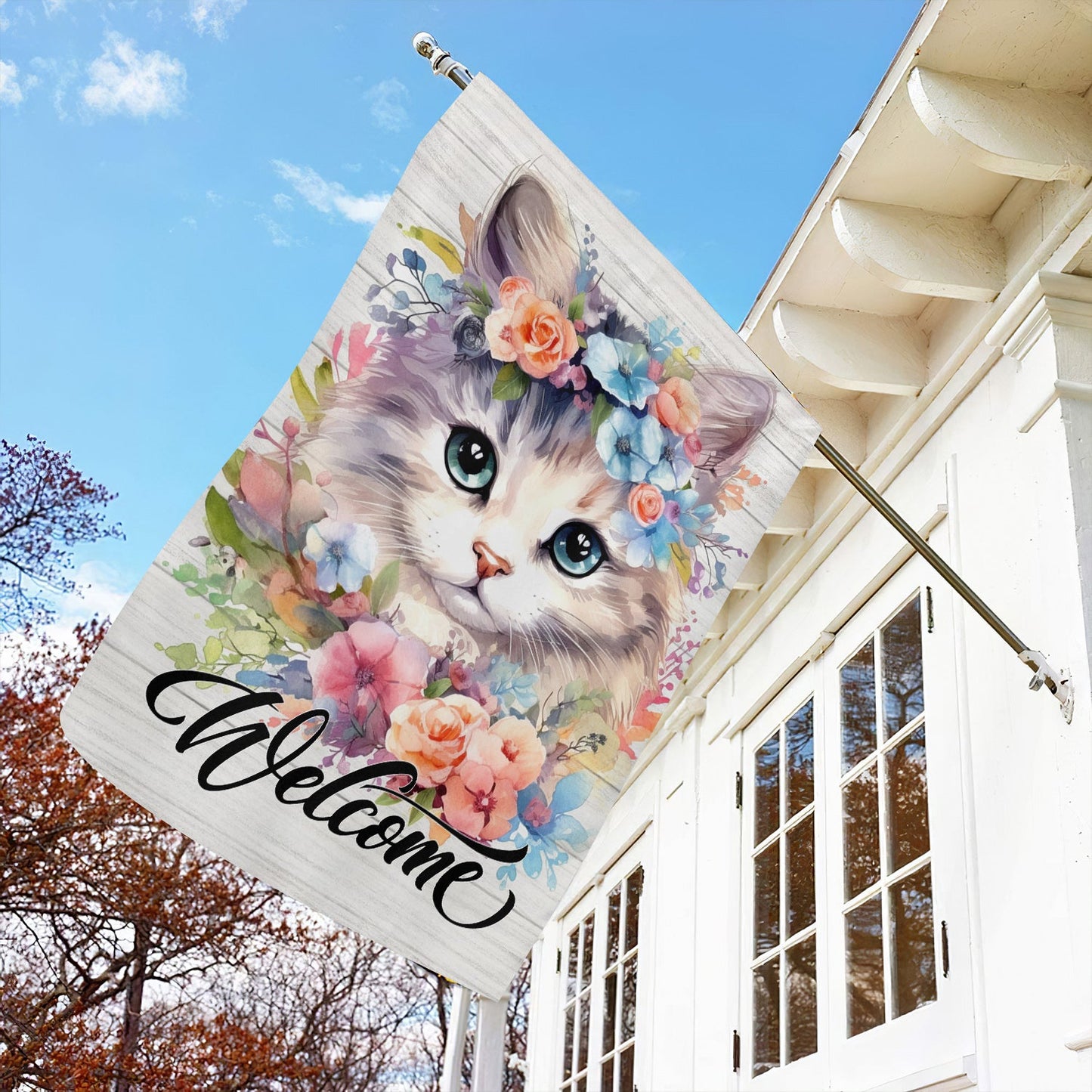 Cute Cat Flag, Welcome To My Garden With Flowers, Gift For Cat Lovers, Garden Lovers