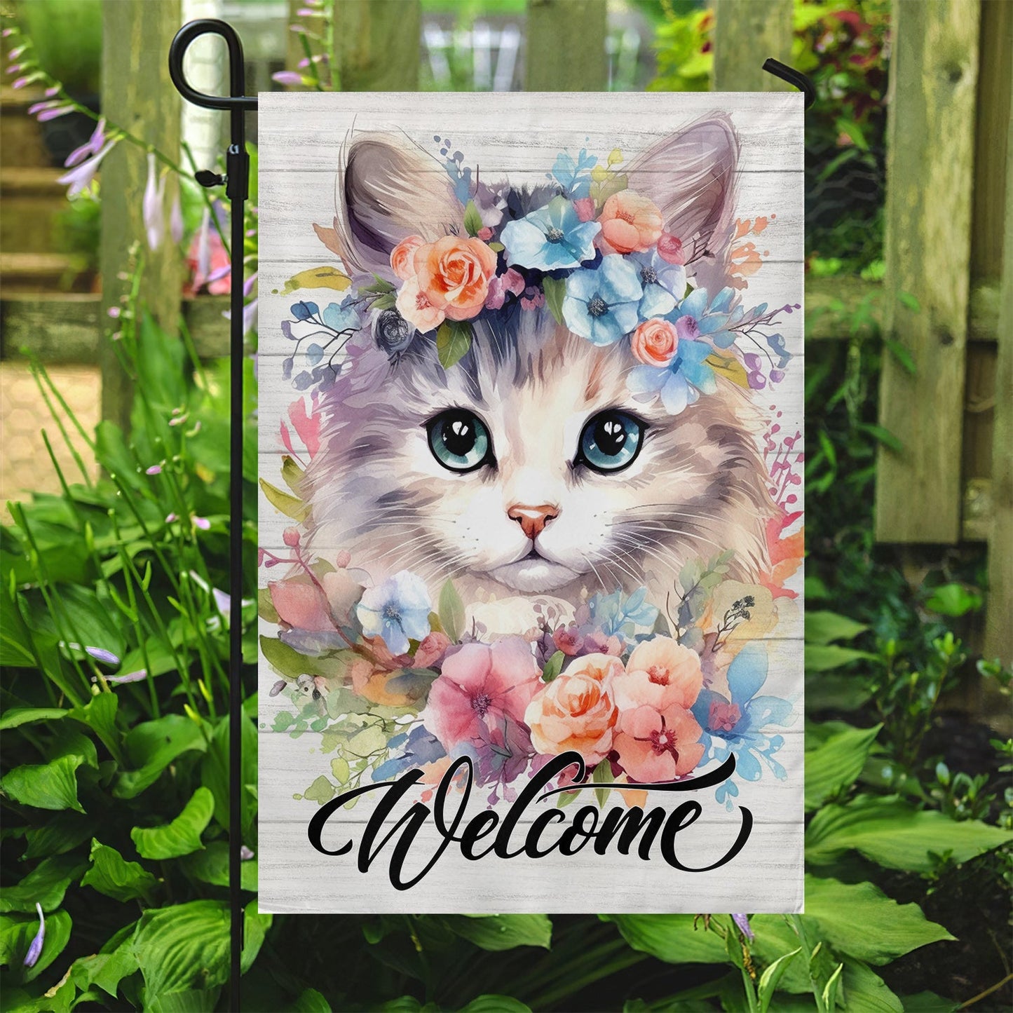 Cute Cat Flag, Welcome To My Garden With Flowers, Gift For Cat Lovers, Garden Lovers