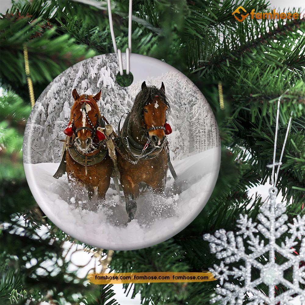 Christmas Horse Ornament, Horse Together Into The Forest Gift For Horse Lovers, Circle Ceramic Ornament