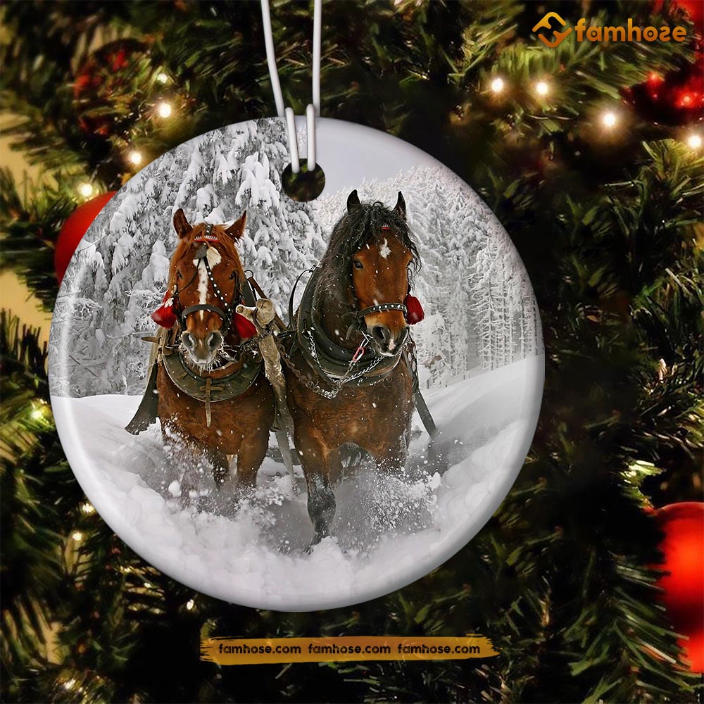 Christmas Horse Ornament, Horse Together Into The Forest Gift For Horse Lovers, Circle Ceramic Ornament