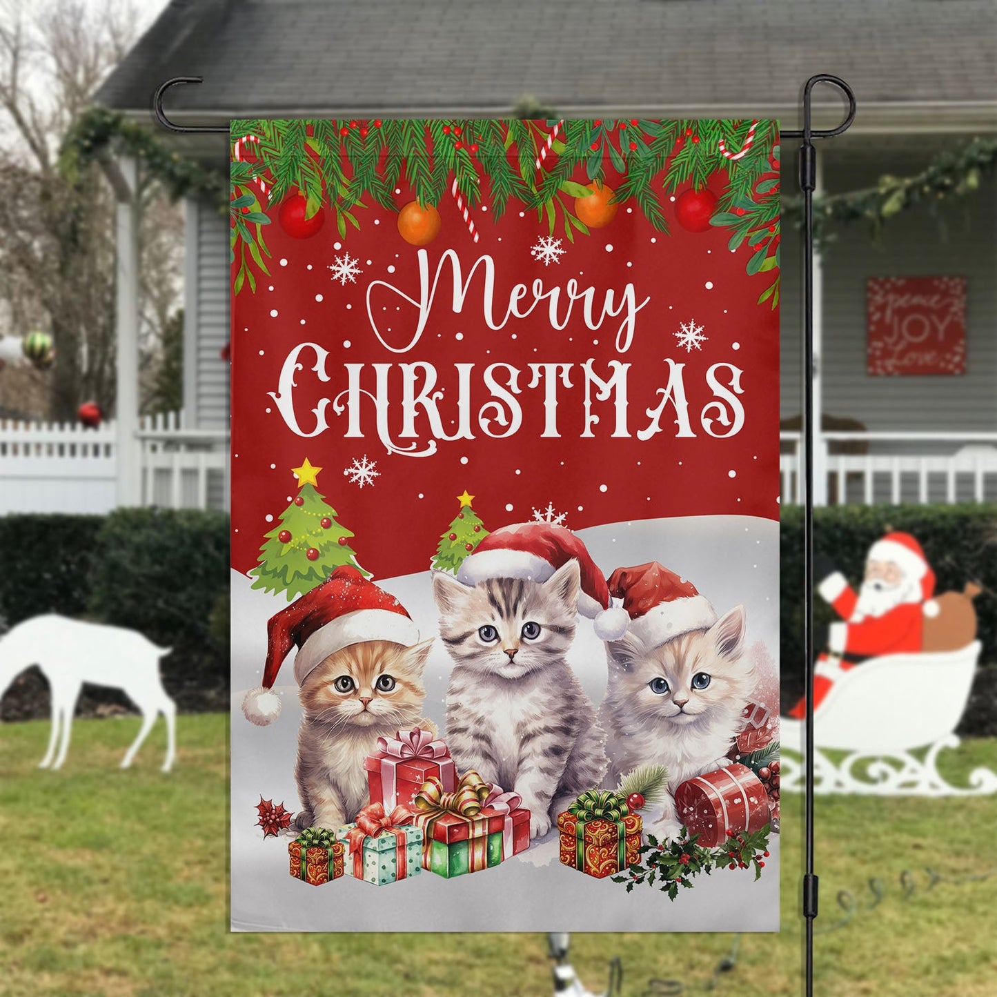 Three Baby Cats Wearing Hat, Cat Xmas Garden Flag & House Flag, Christmas Flag Gift For Cat Lovers