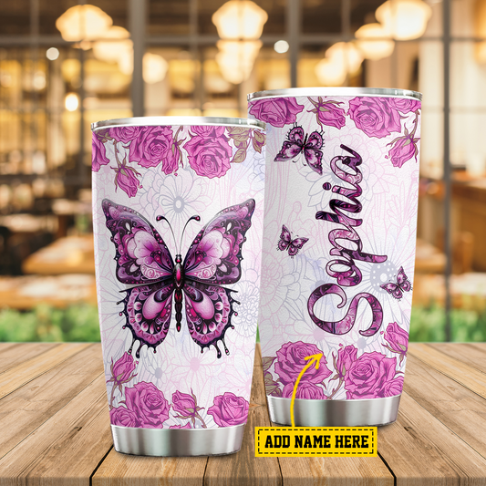 Elegant Floral Butterfly, Butterfly Personalized Stainless Steel Tumbler, Tumbler Gifts For Butterfly Lovers