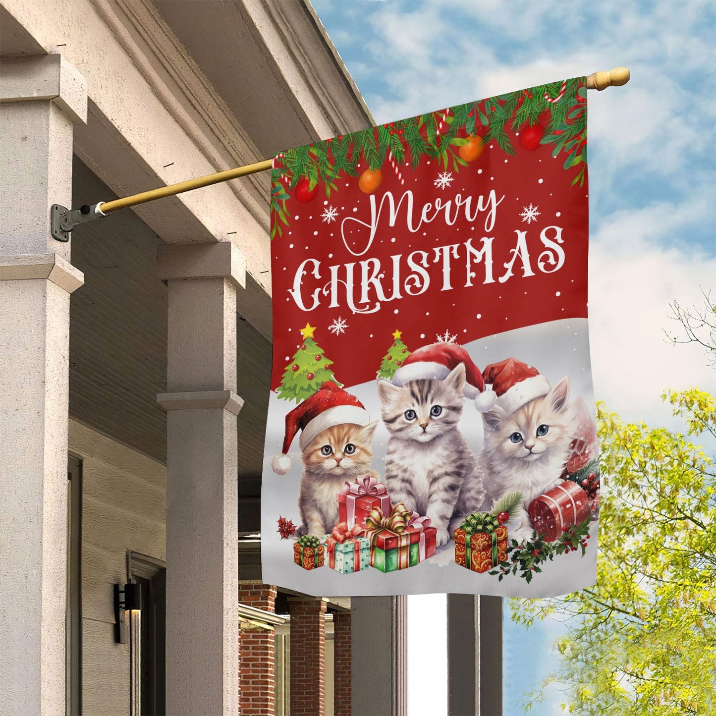 Three Baby Cats Wearing Hat, Cat Xmas Garden Flag & House Flag, Christmas Flag Gift For Cat Lovers