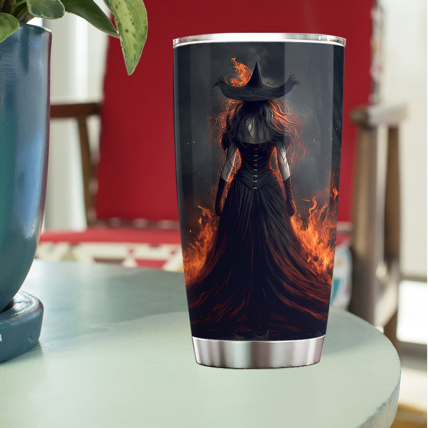 Cool Halloween Witch Tumbler, Fire Witch In Rage Dark Stainless Steel Tumbler, Gift For Witch Lovers