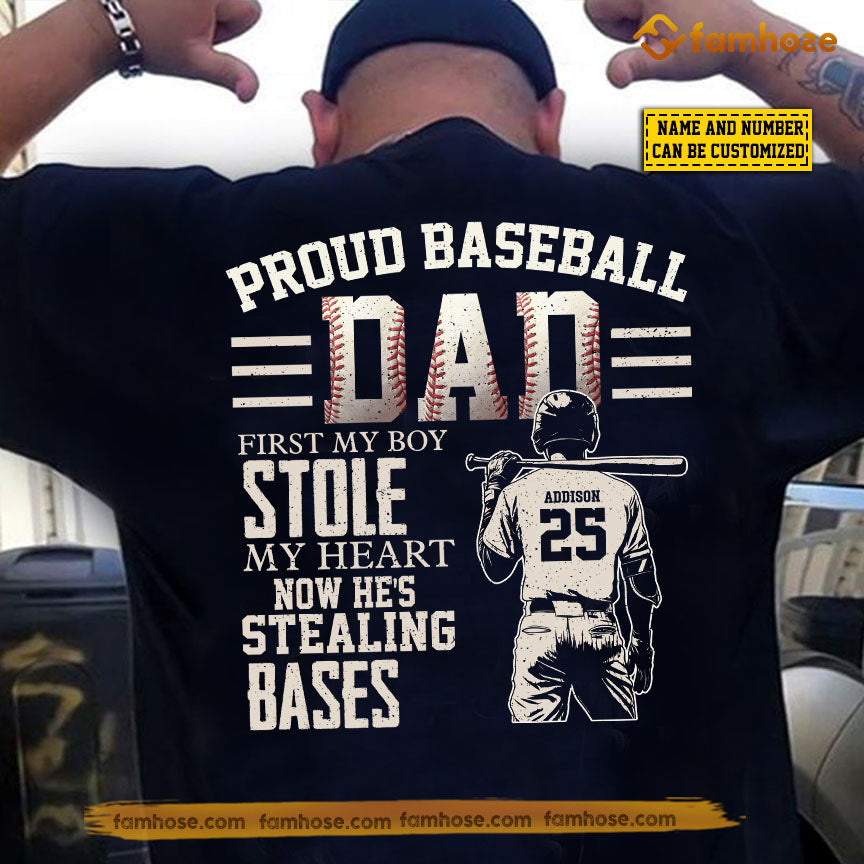 Personalized Baseball Dad Son Backside T-shirt, Proud Baseball Dad Sport Tees Father's Day Gift For Baseball Lovers