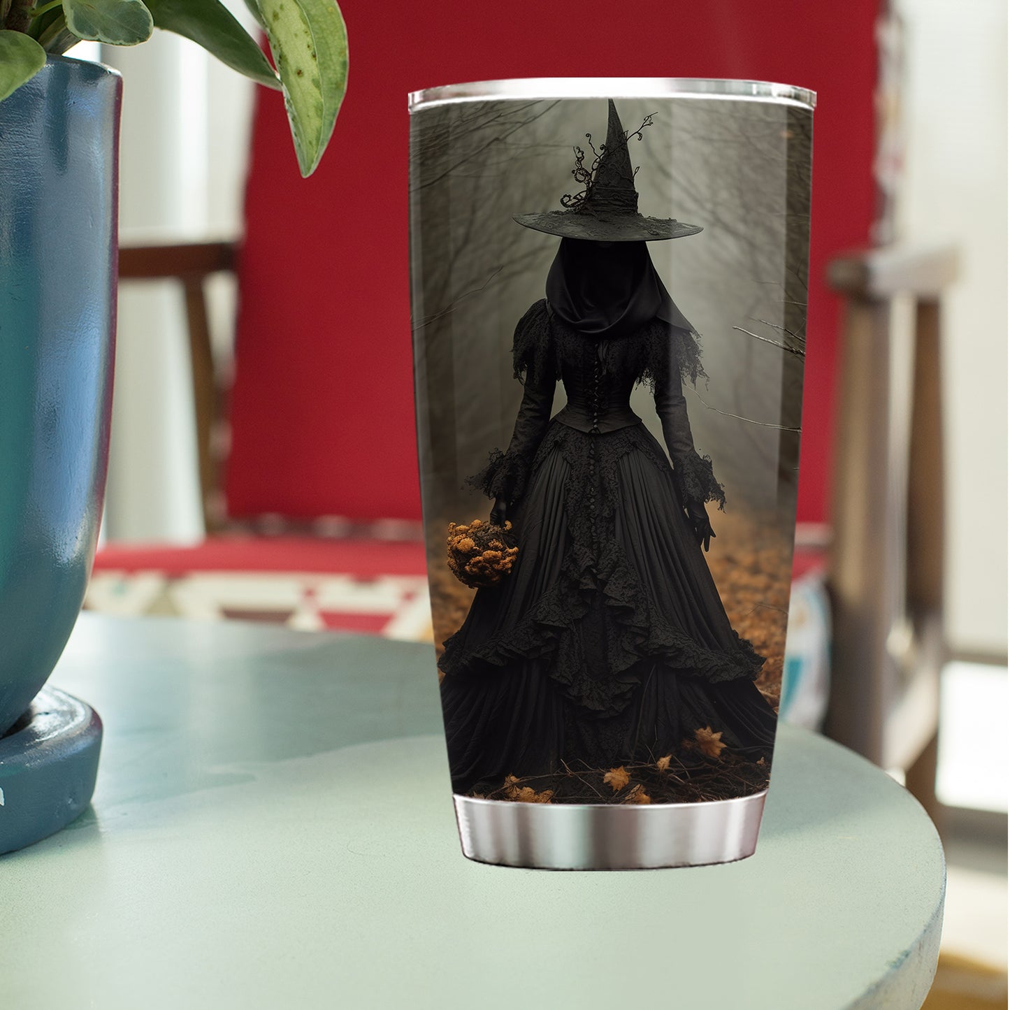 Witch Tumbler, Dark Earth Witch In Forest Stainless Steel Tumbler, Gift For Witch Lovers