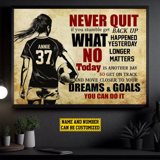 Personalized Motivational Soccer Girl Canvas Painting, Never Quit Dreams Goals Can Do It, Inspirational Quotes Wall Art Decor, Poster Gift For Soccer Girl Lovers