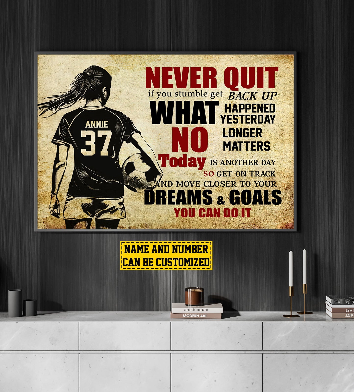 Personalized Motivational Soccer Girl Canvas Painting, Never Quit Dreams Goals Can Do It, Inspirational Quotes Wall Art Decor, Poster Gift For Soccer Girl Lovers