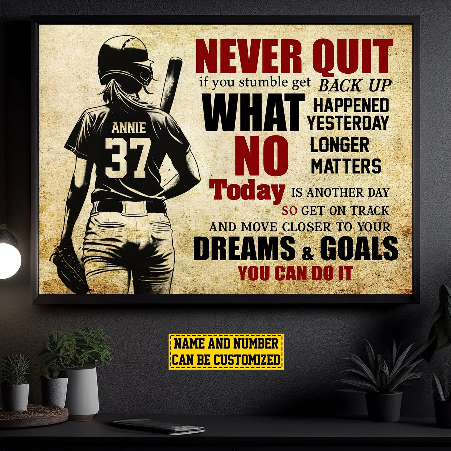 Personalized Motivational Softball Girl Canvas Painting, Never Quit Dreams Goals You Can Do It, Inspirational Quotes Wall Art Decor, Poster Gift For Softball Lovers