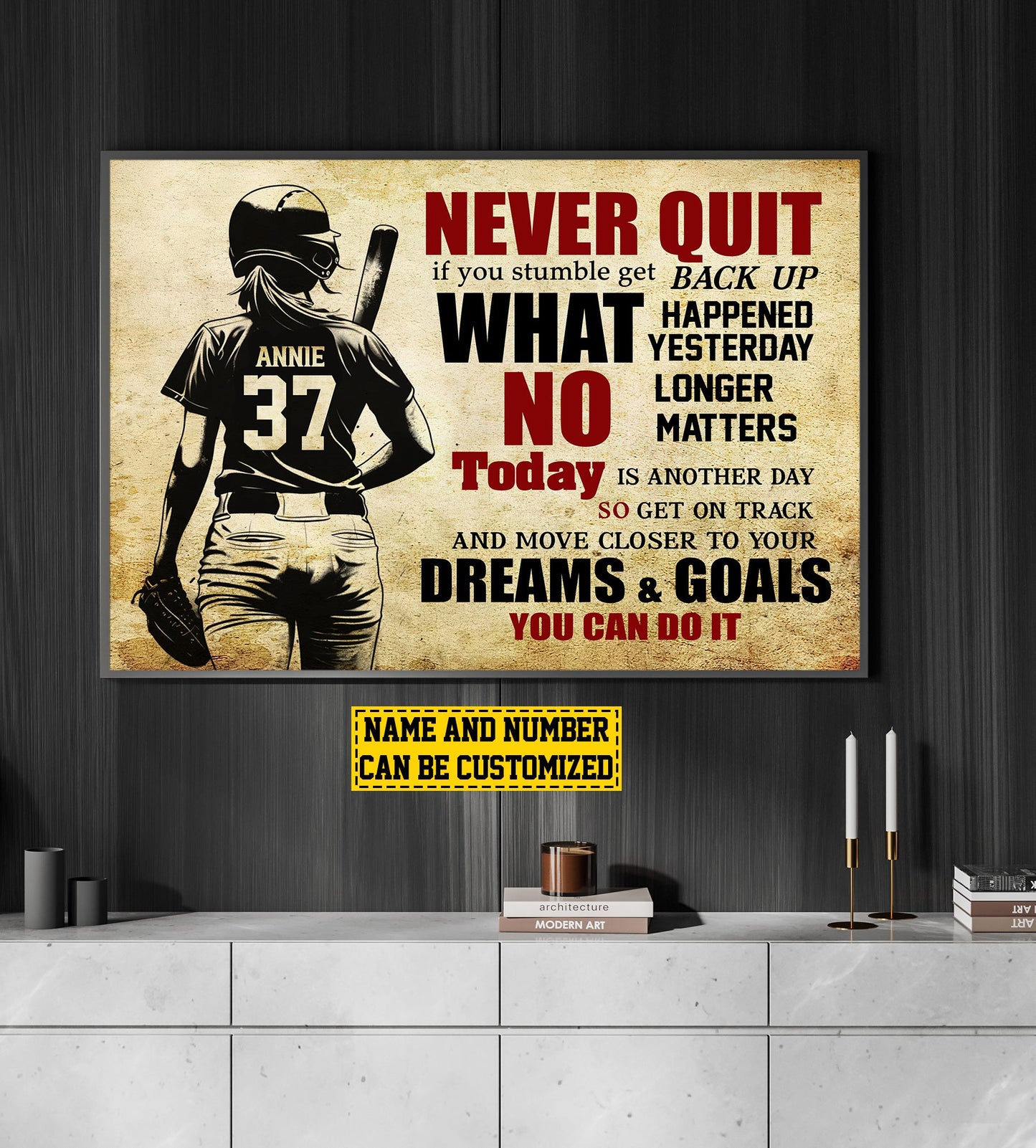 Personalized Motivational Softball Girl Canvas Painting, Never Quit Dreams Goals You Can Do It, Inspirational Quotes Wall Art Decor, Poster Gift For Softball Lovers