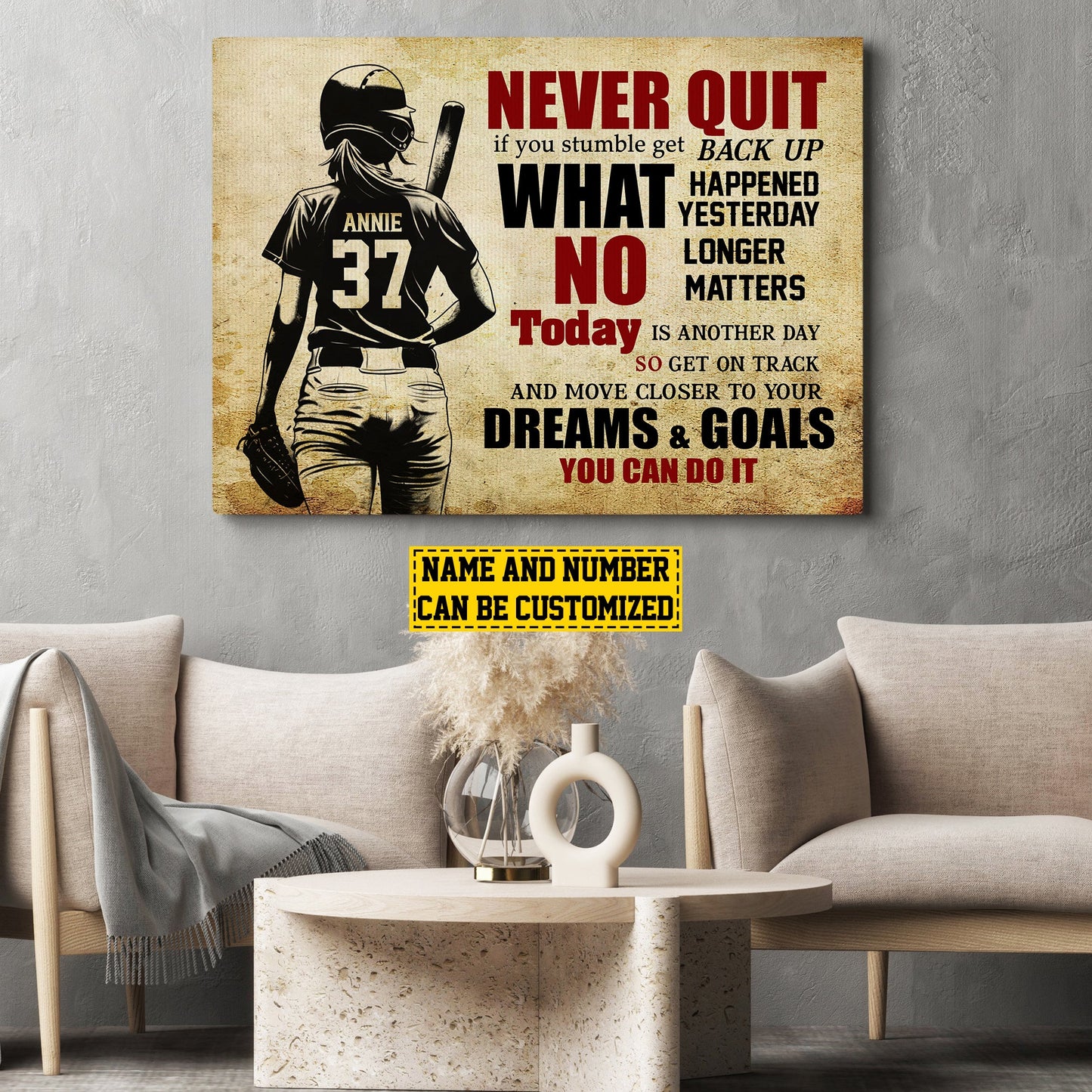 Personalized Motivational Softball Girl Canvas Painting, Never Quit Dreams Goals You Can Do It, Inspirational Quotes Wall Art Decor, Poster Gift For Softball Lovers