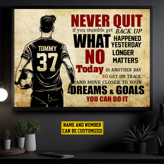 Personalized Motivational Soccer Boy Canvas Painting, Never Quit Dreams Goals Can Do It, Inspirational Quotes Wall Art Decor, Poster Gift For Soccer Lovers