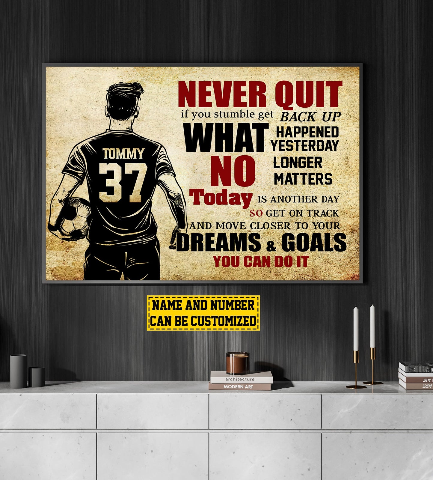 Personalized Motivational Soccer Boy Canvas Painting, Never Quit Dreams Goals Can Do It, Inspirational Quotes Wall Art Decor, Poster Gift For Soccer Lovers