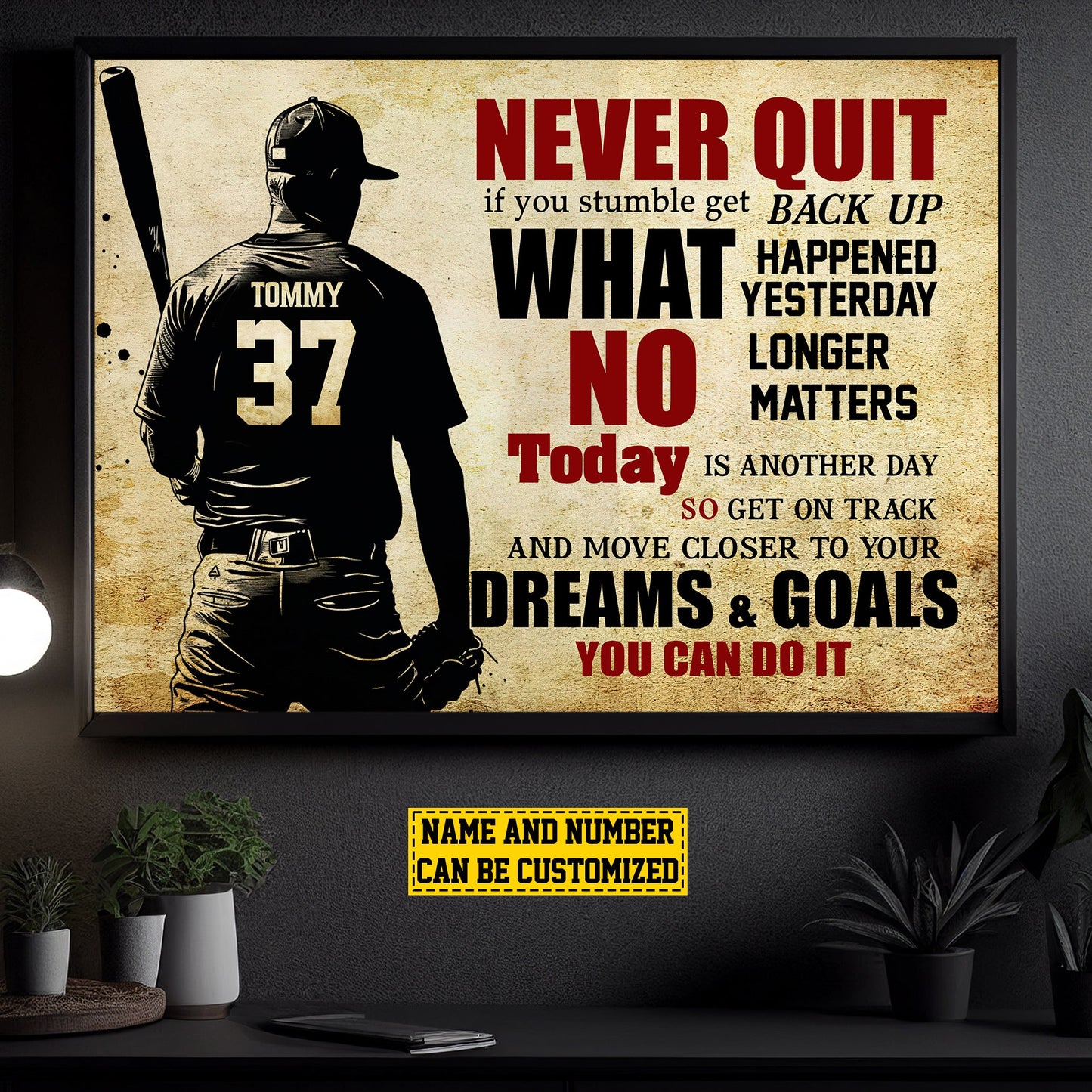 Personalized Motivational Baseball Canvas Painting, Never Quit Today Is Another Day, Inspirational Quotes Wall Art Decor, Poster Gift For Baseball Lovers