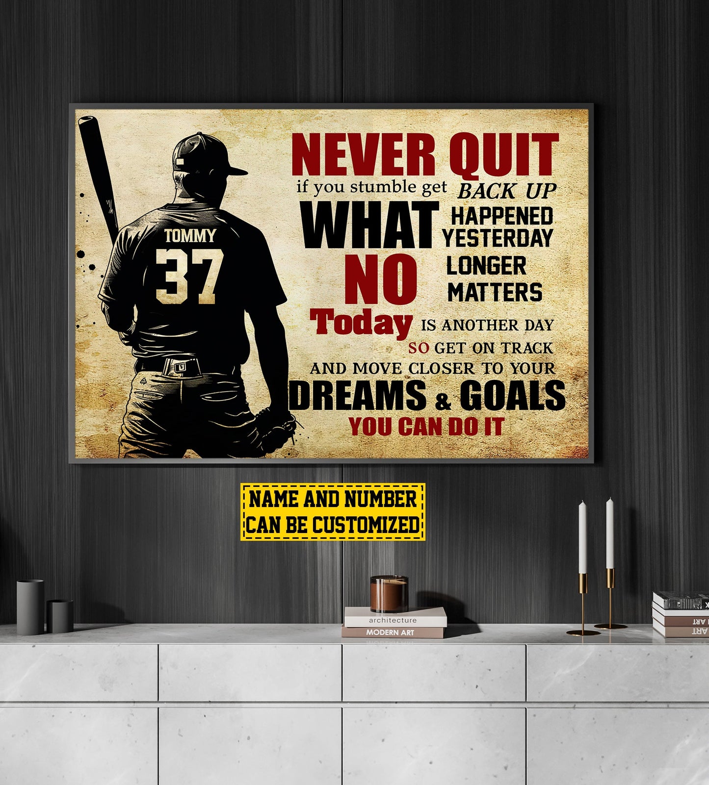 Personalized Motivational Baseball Canvas Painting, Never Quit Today Is Another Day, Inspirational Quotes Wall Art Decor, Poster Gift For Baseball Lovers