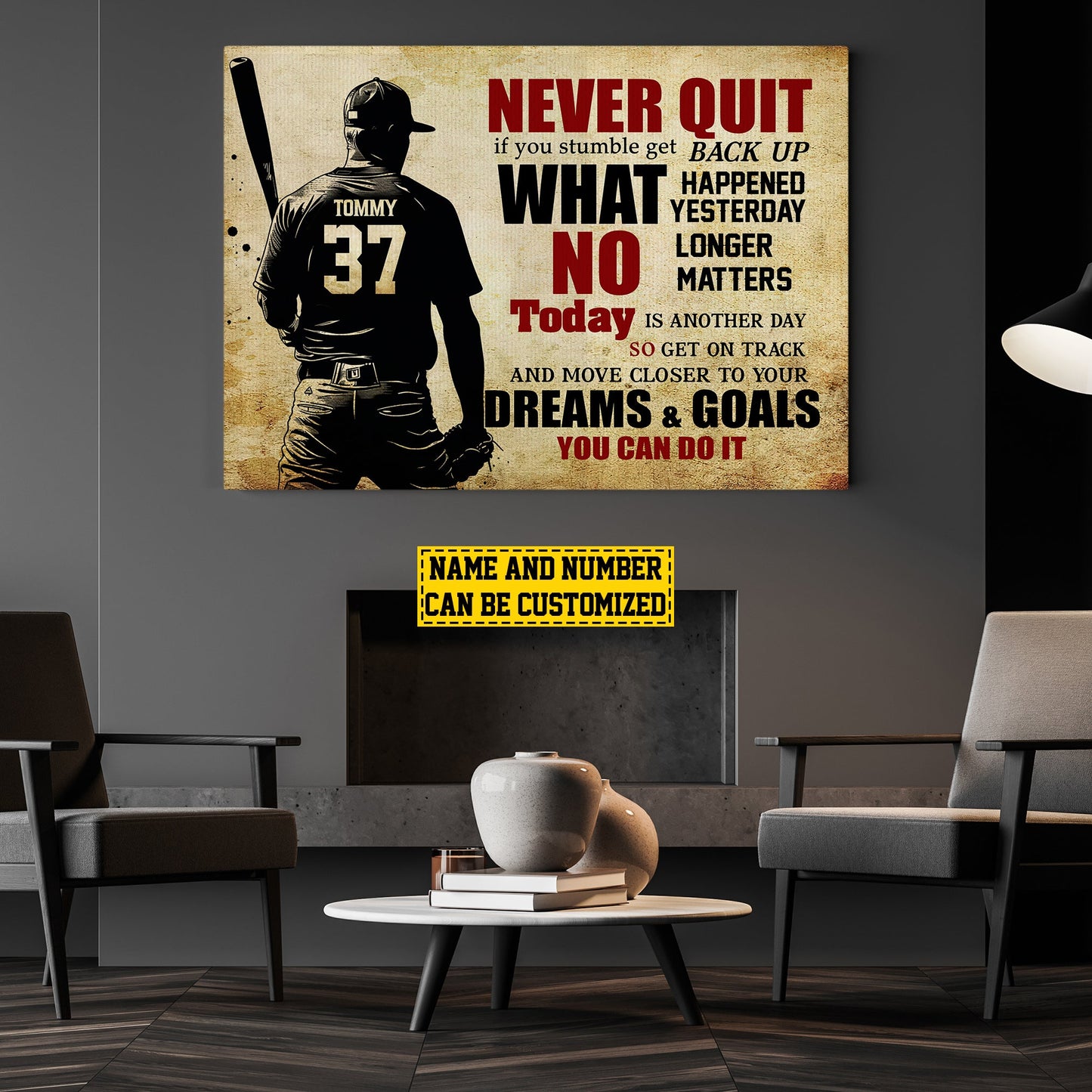 Personalized Motivational Baseball Canvas Painting, Never Quit Today Is Another Day, Inspirational Quotes Wall Art Decor, Poster Gift For Baseball Lovers