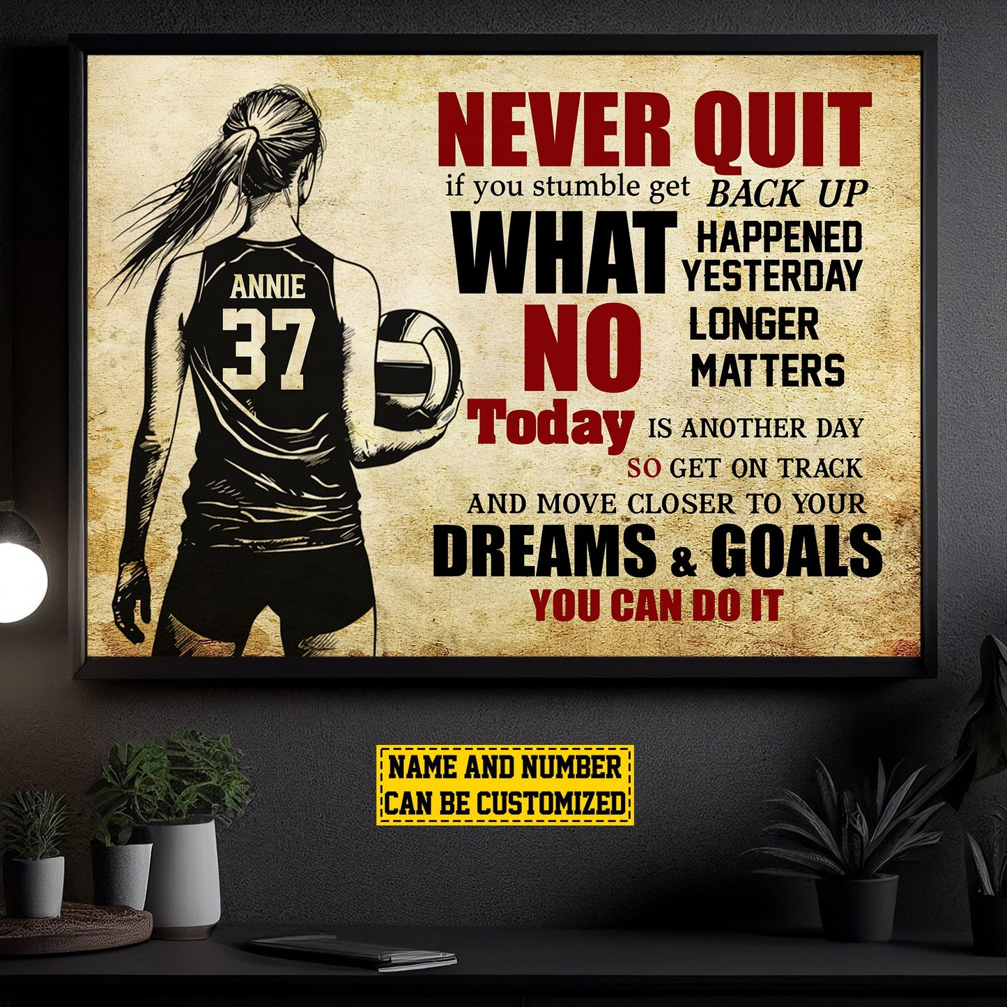 Personalized Motivational Volleyball Girl Canvas Painting, Never Quit Dreams Goals You Can Do It, Inspirational Quotes Wall Art Decor, Poster Gift For Volleyball Lovers