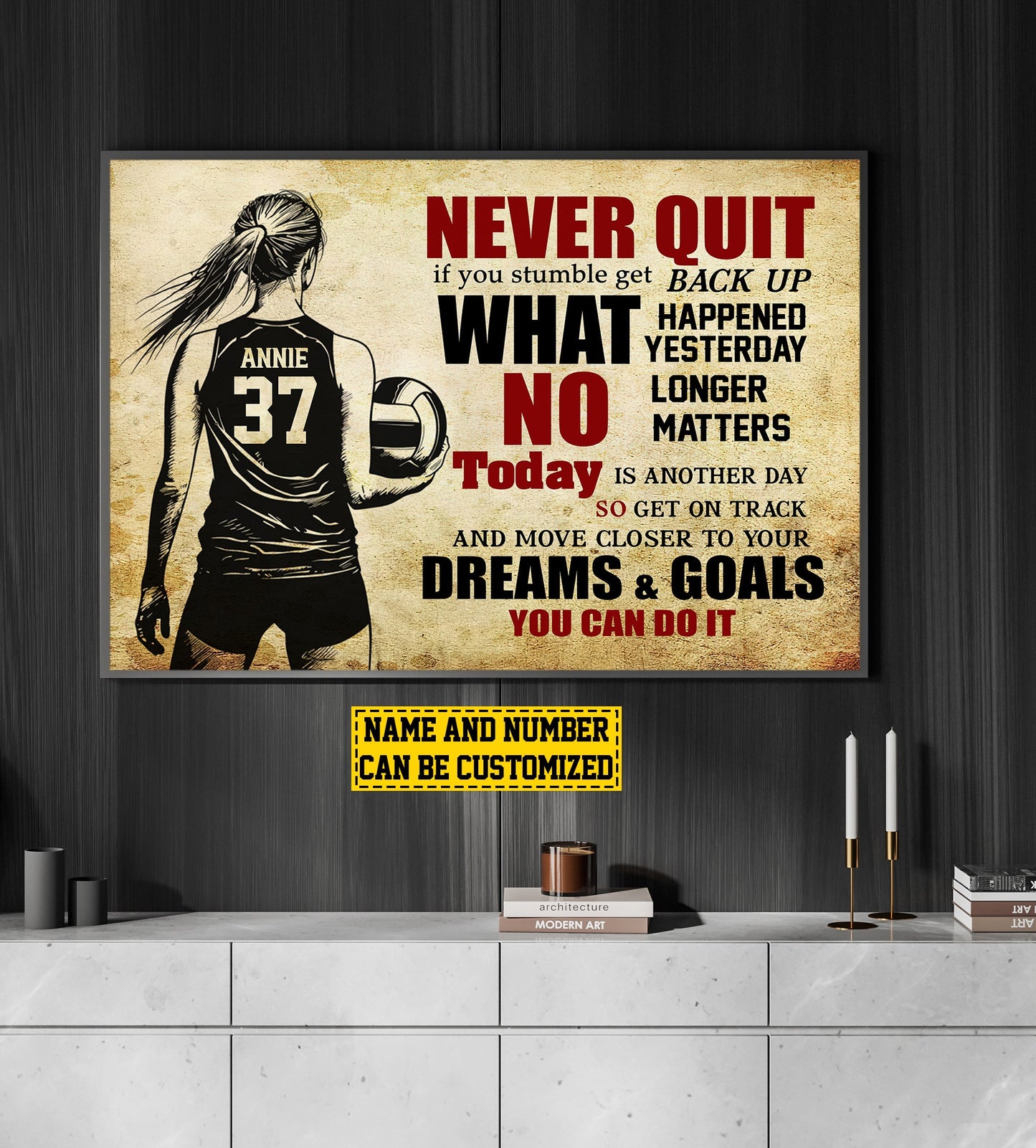 Personalized Motivational Volleyball Girl Canvas Painting, Never Quit Dreams Goals You Can Do It, Inspirational Quotes Wall Art Decor, Poster Gift For Volleyball Lovers