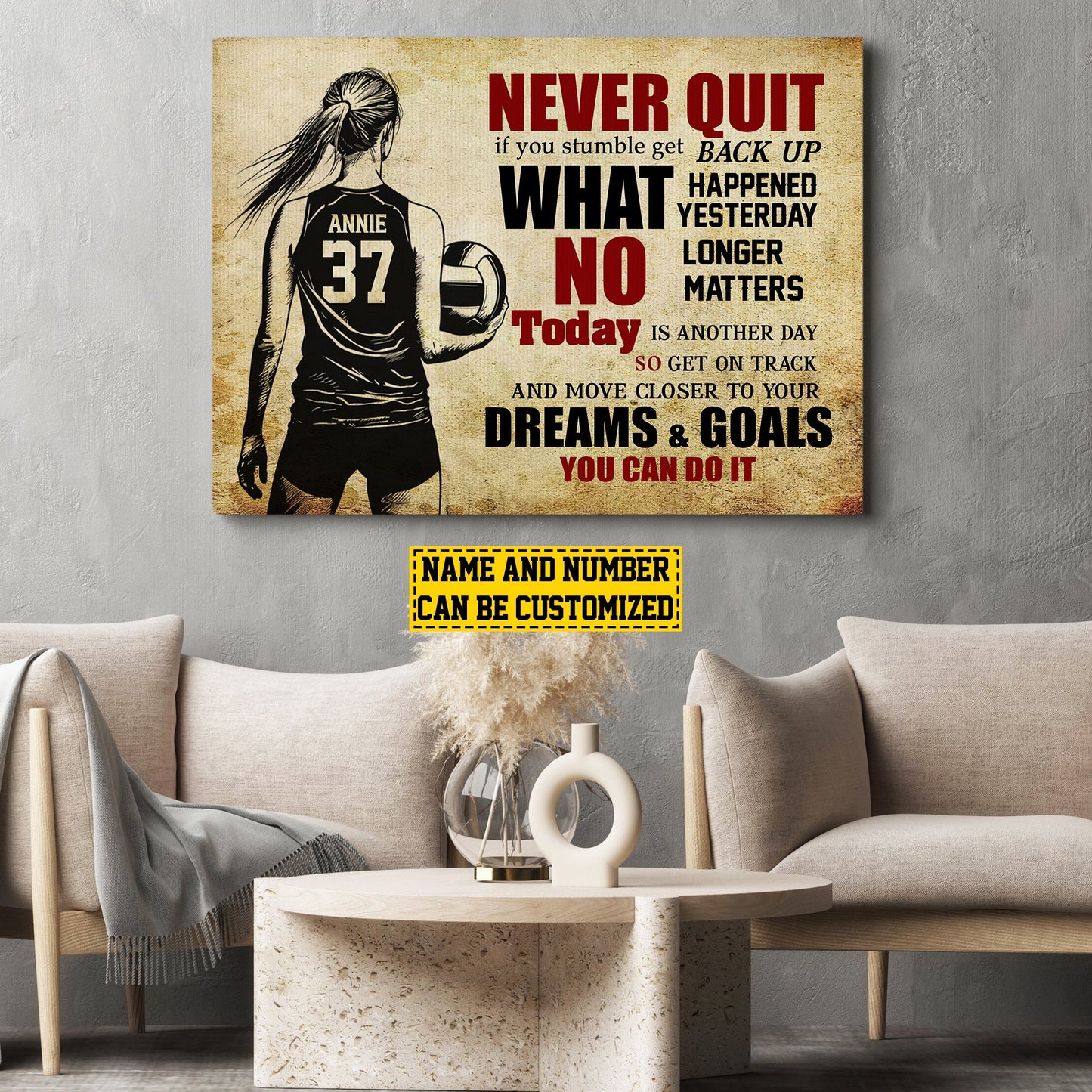 Personalized Motivational Volleyball Girl Canvas Painting, Never Quit Dreams Goals You Can Do It, Inspirational Quotes Wall Art Decor, Poster Gift For Volleyball Lovers