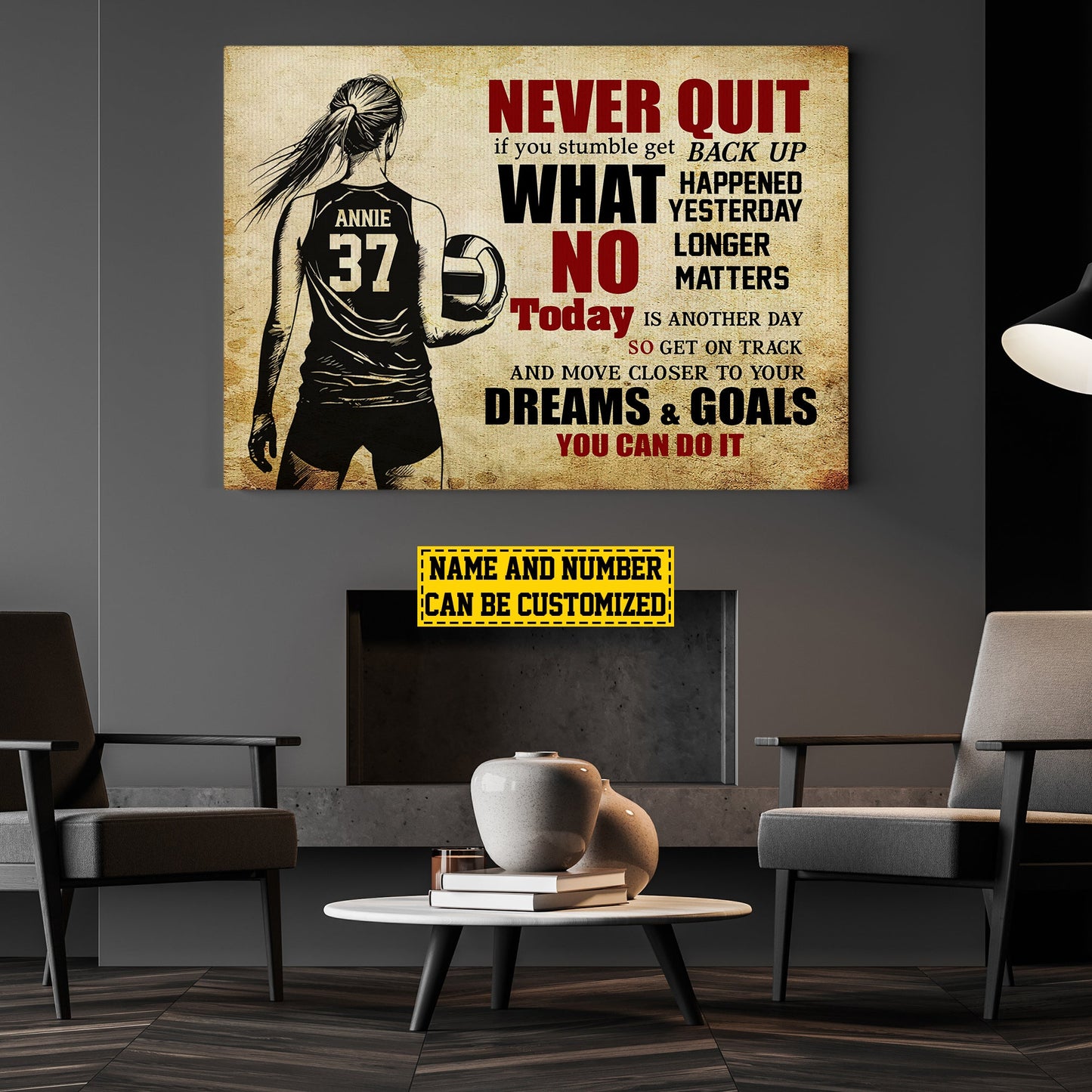 Personalized Motivational Volleyball Girl Canvas Painting, Never Quit Dreams Goals You Can Do It, Inspirational Quotes Wall Art Decor, Poster Gift For Volleyball Lovers