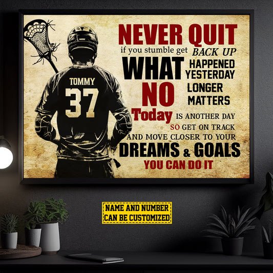 Personalized Motivational Lacrosse Boy Canvas Painting, Never Quit Dreams Goals You Can Do It, Inspirational Quotes Wall Art Decor, Poster Gift For Lacrosse Lovers