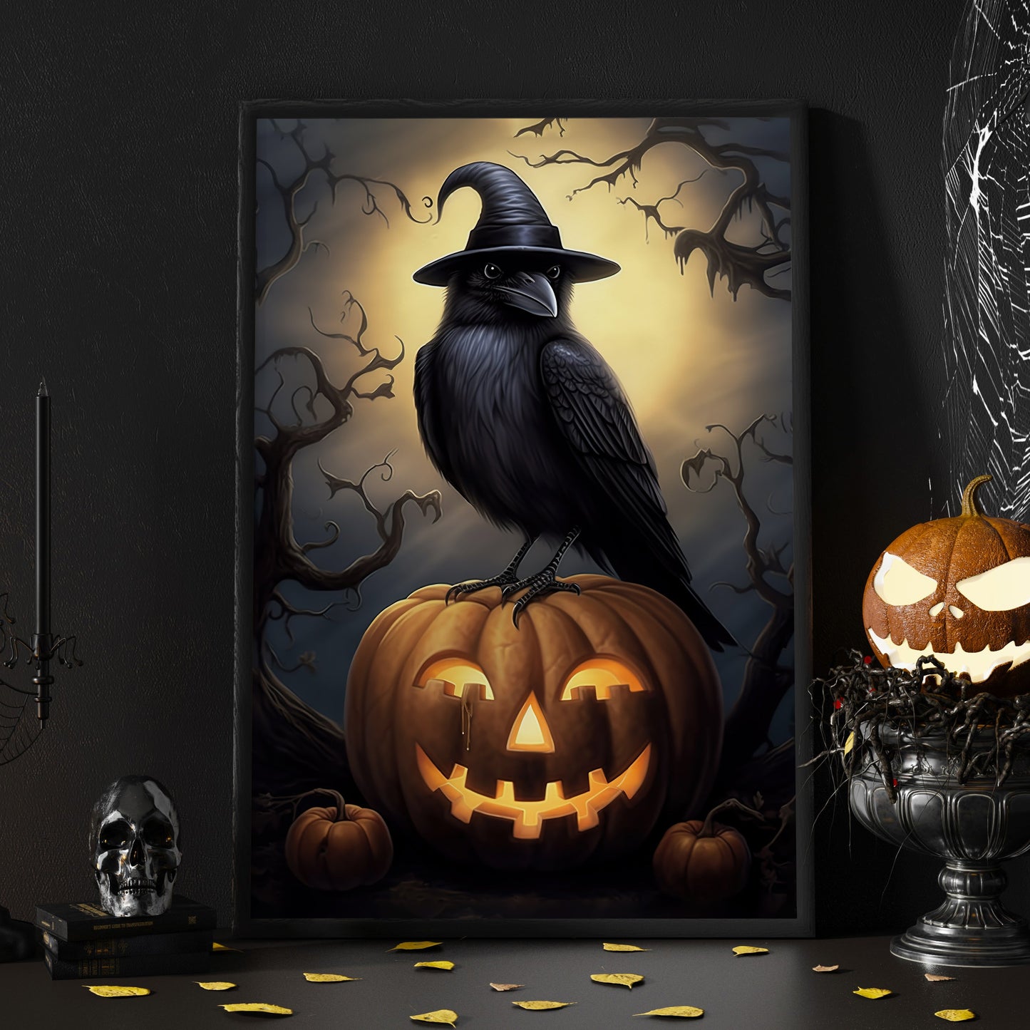 Black Raven Witch Moonlight Halloween Canvas Painting, Wall Art Decor - Halloween Poster Gift