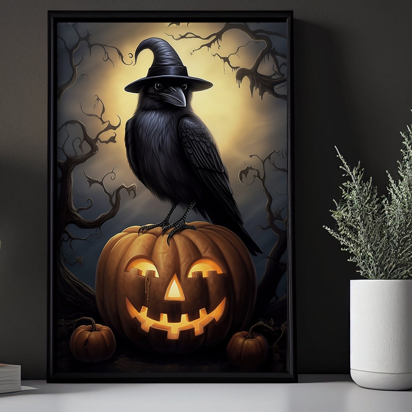 Black Raven Witch Moonlight Halloween Canvas Painting, Wall Art Decor - Halloween Poster Gift