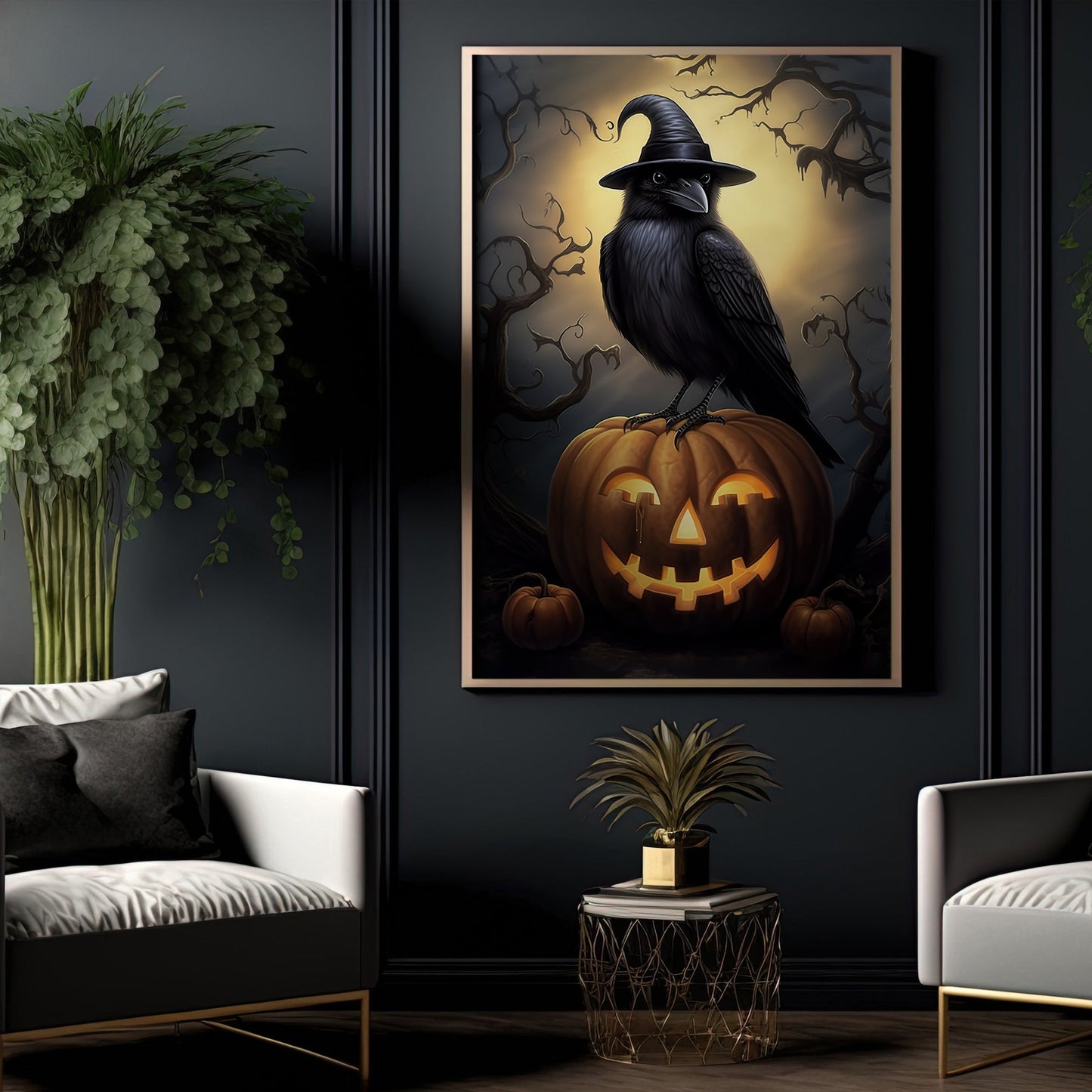 Black Raven Witch Moonlight Halloween Canvas Painting, Wall Art Decor - Halloween Poster Gift