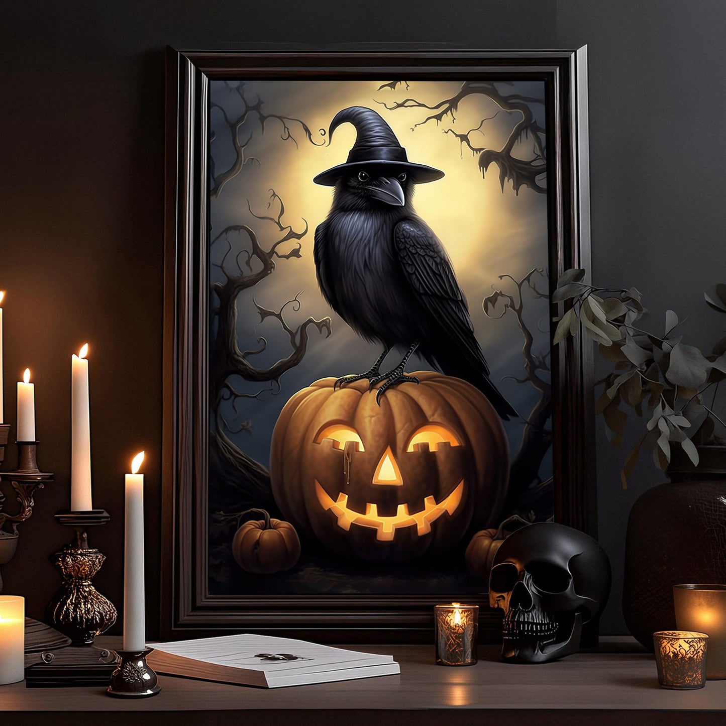 Black Raven Witch Moonlight Halloween Canvas Painting, Wall Art Decor - Halloween Poster Gift