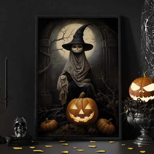 Cool Spooky Witch In Moonlight Halloween Canvas Painting, Wall Art Decor - Dark Witch Halloween Poster Gift