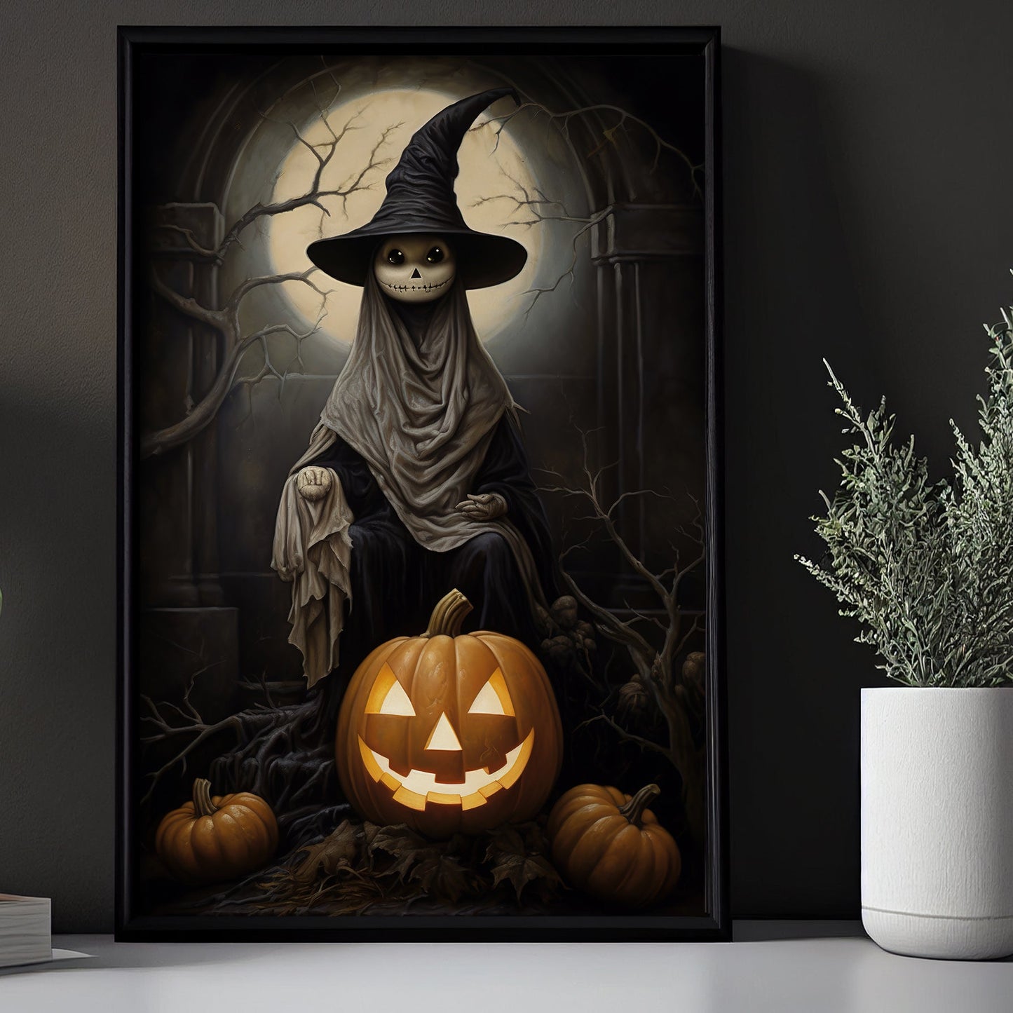 Cool Spooky Witch In Moonlight Halloween Canvas Painting, Wall Art Decor - Dark Witch Halloween Poster Gift