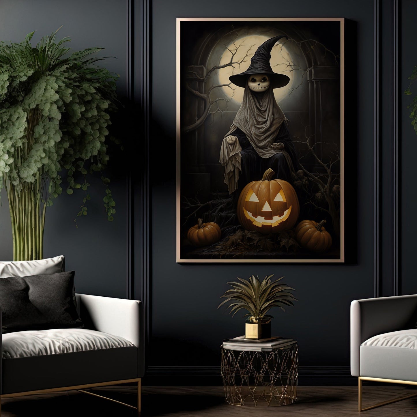 Cool Spooky Witch In Moonlight Halloween Canvas Painting, Wall Art Decor - Dark Witch Halloween Poster Gift