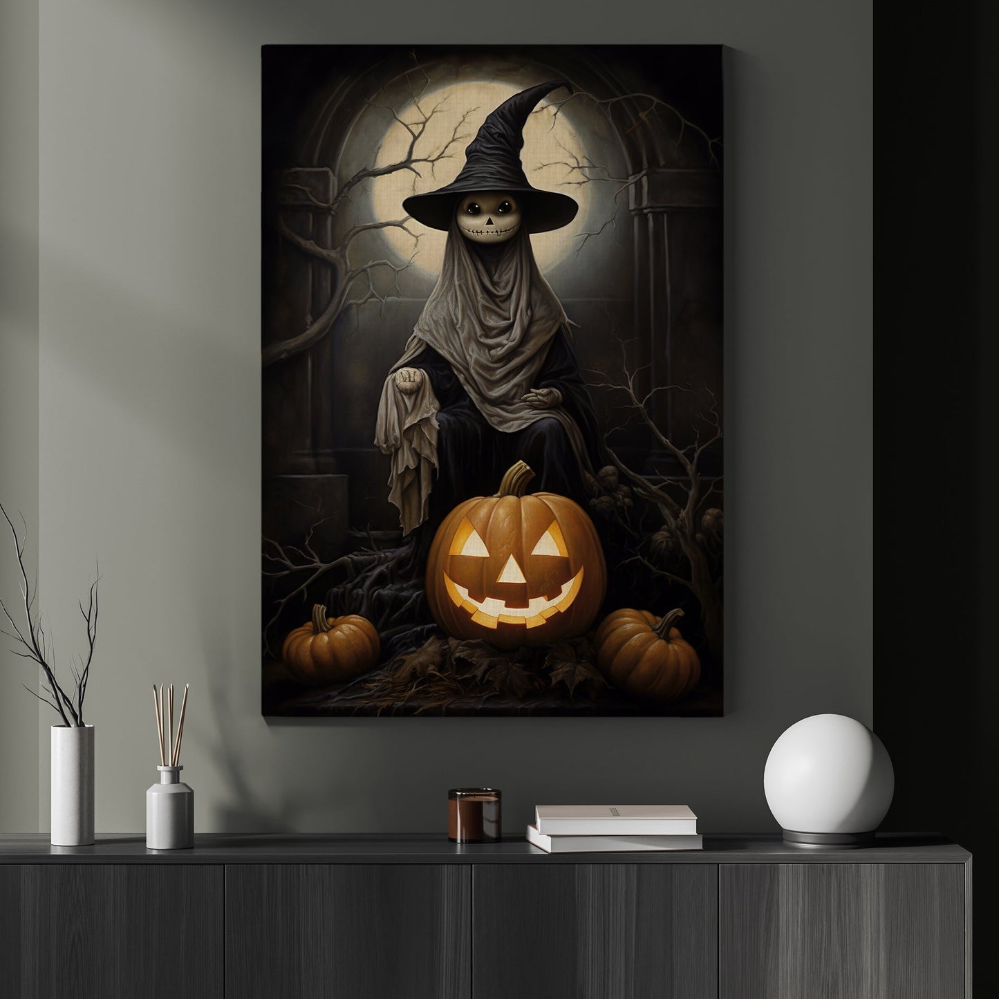 Cool Spooky Witch In Moonlight Halloween Canvas Painting, Wall Art Decor - Dark Witch Halloween Poster Gift