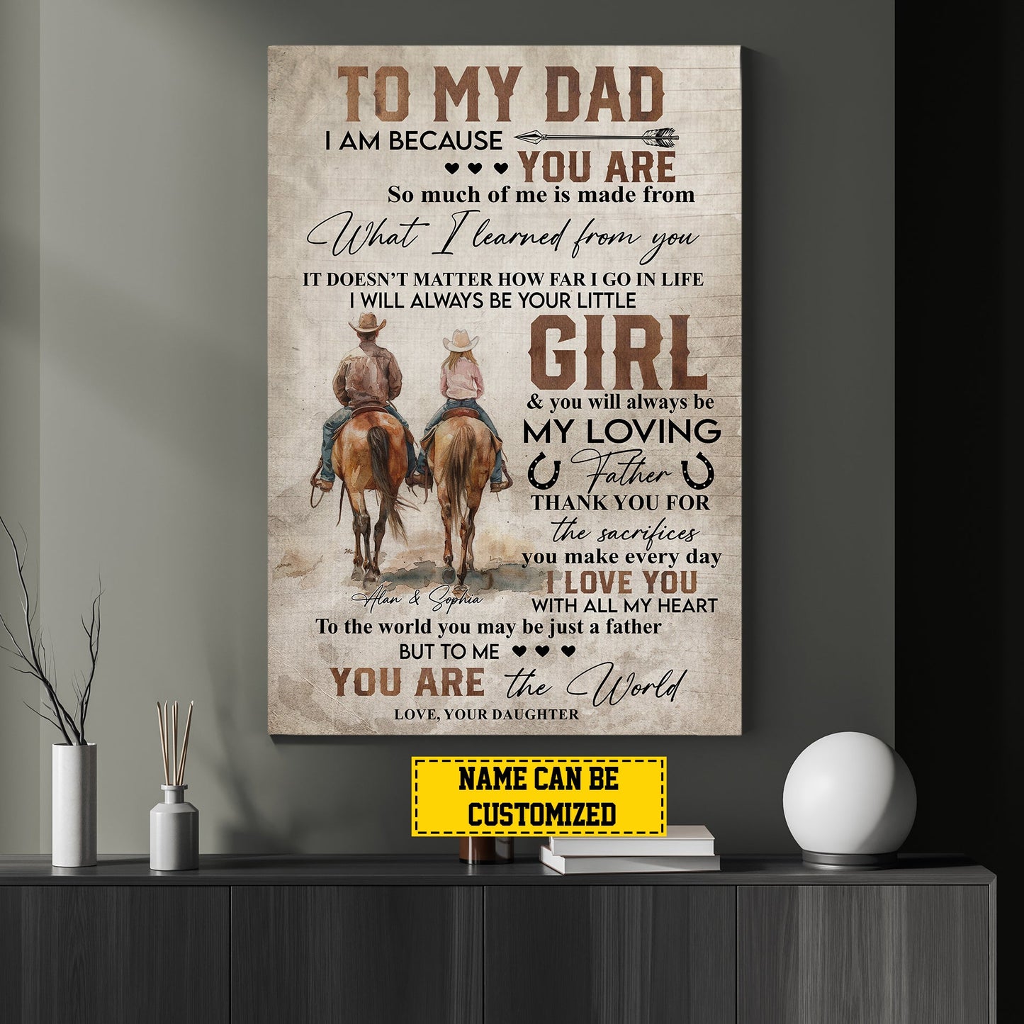 To My Dad You Are The World, Personalized Horse Riding Canvas Painting, Inspirational Quotes Cowboy Wall Art Decor, Father's Day Poster Gift For Horse Riding Lovers