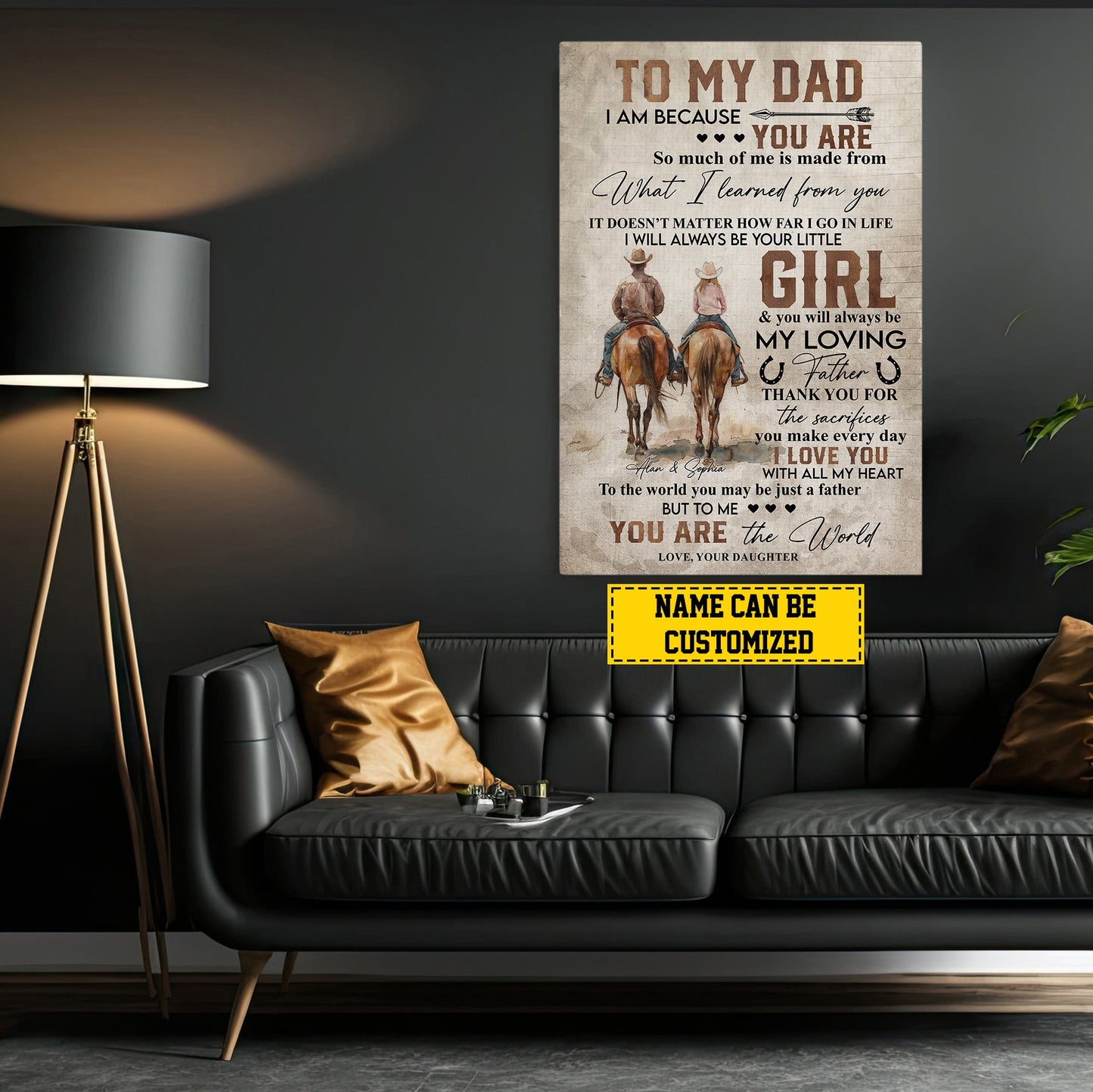 To My Dad You Are The World, Personalized Horse Riding Canvas Painting, Inspirational Quotes Cowboy Wall Art Decor, Father's Day Poster Gift For Horse Riding Lovers