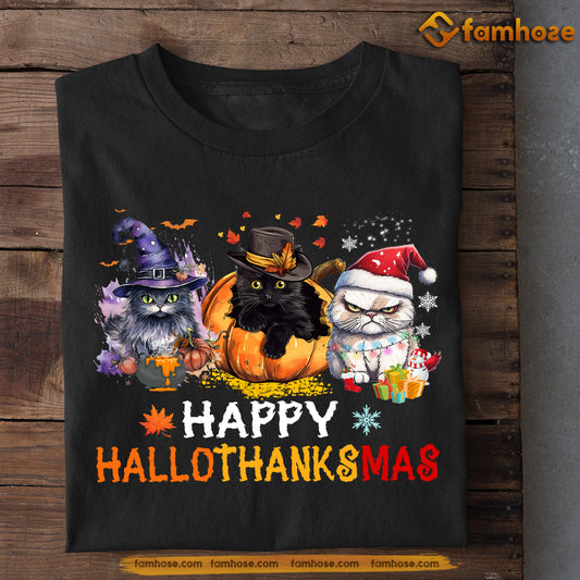 Halloween Cat T-shirt, Happy Hallothanksmas Thanksgiving Christmas Cat, Gift For Cat Lovers, Cat Tees, Cat Owners