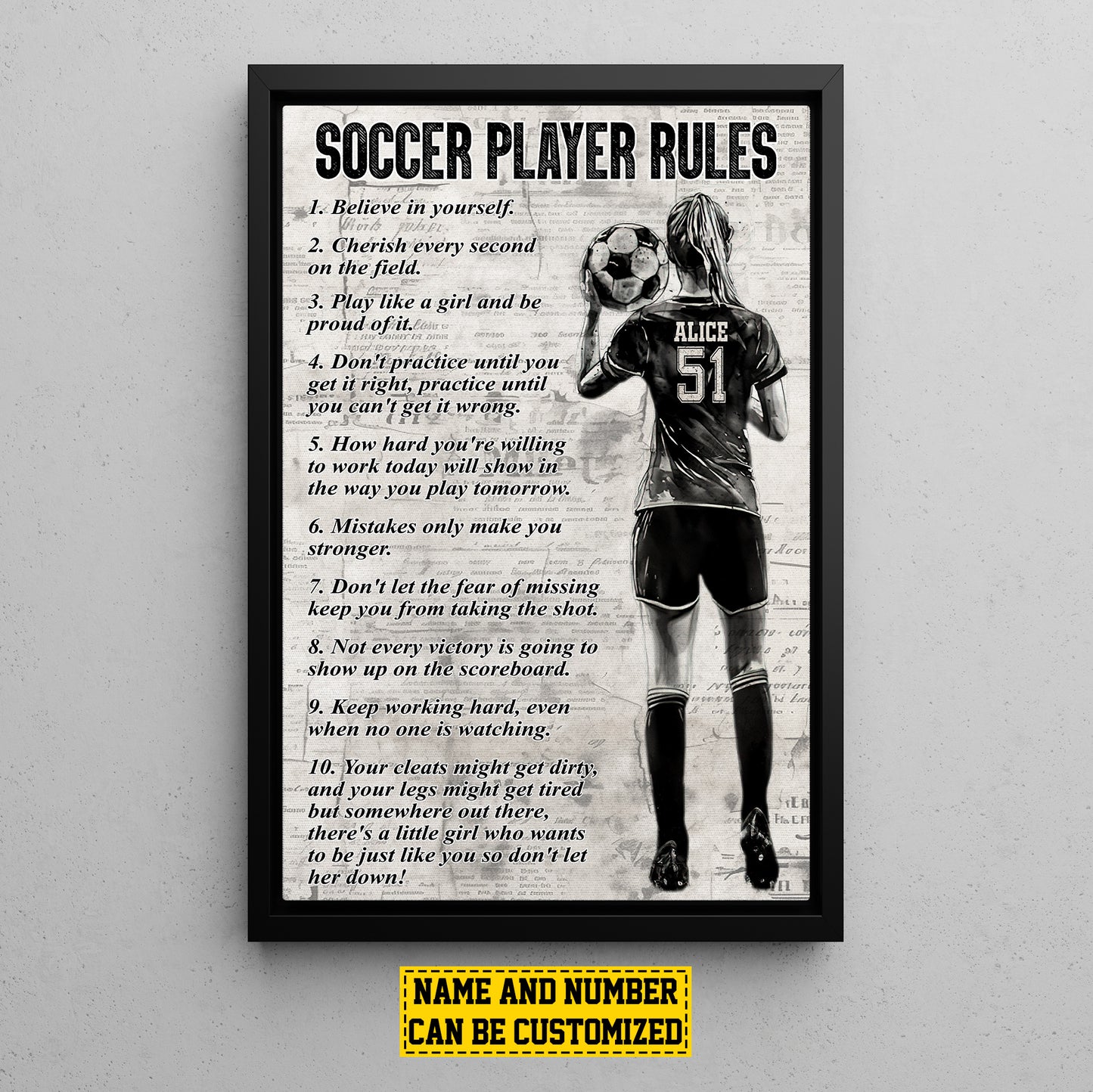 Soccer Player Rules, Personalized Motivational Soccer Girl Canvas Painting, Inspirational Quotes Wall Art Decor, Poster Gift For Soccer Lovers