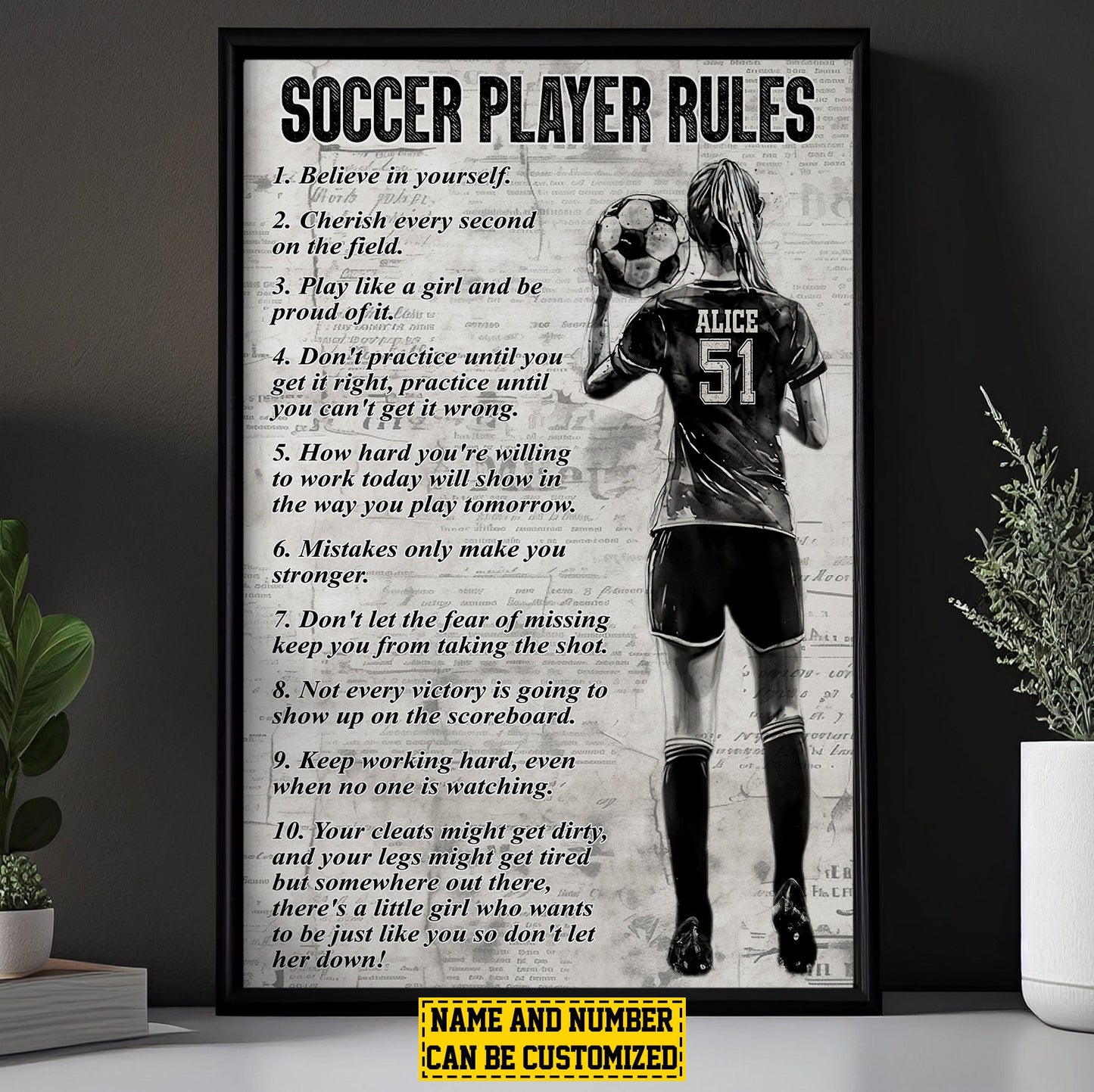 Soccer Player Rules, Personalized Motivational Soccer Girl Canvas Painting, Inspirational Quotes Wall Art Decor, Poster Gift For Soccer Lovers