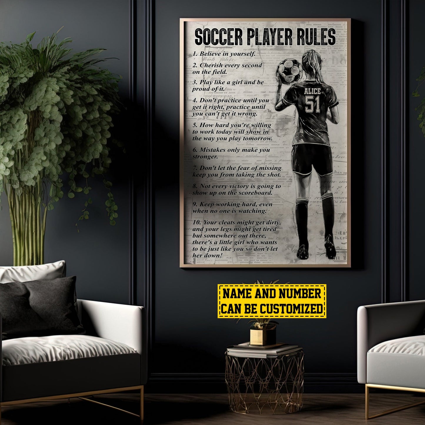 Soccer Player Rules, Personalized Motivational Soccer Girl Canvas Painting, Inspirational Quotes Wall Art Decor, Poster Gift For Soccer Lovers