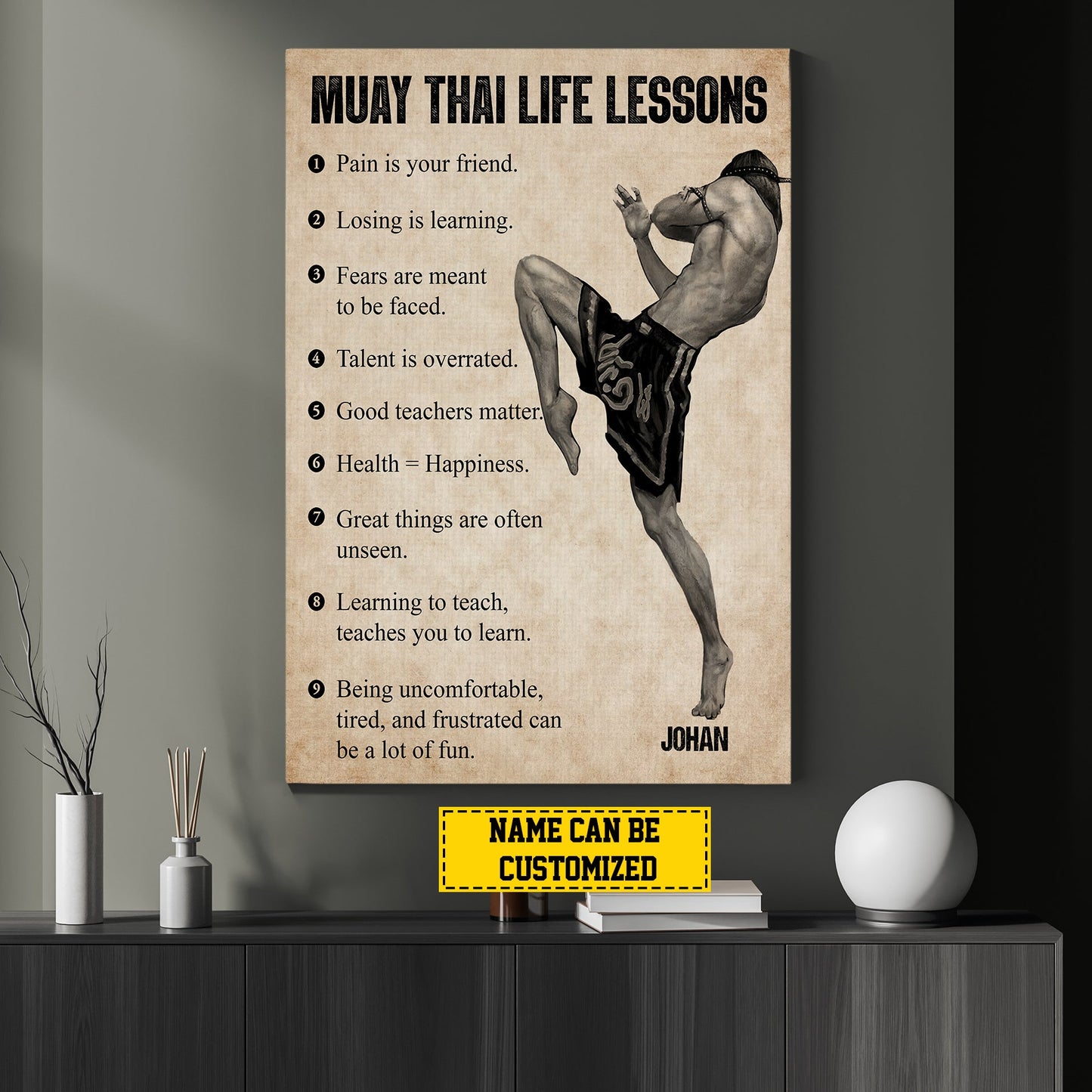 Muay Thai Life Lessons, Personalized Motivational Muay Thai Canvas Painting, Inspirational Quotes Wall Art Decor, Poster Gift For Muay Thai Lovers