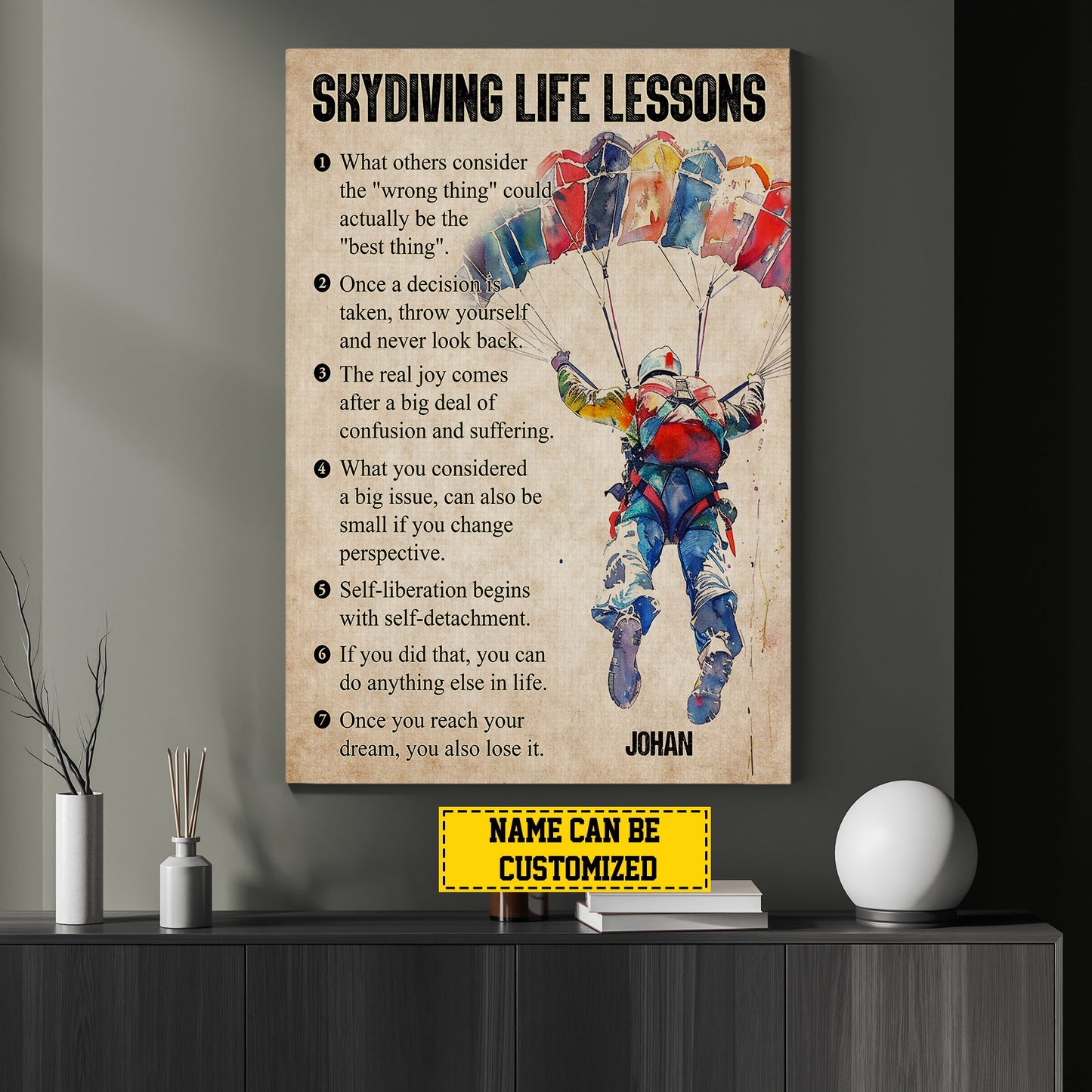 Skydiving Life Lessons, Personalized Motivational Skydiving Canvas Painting, Inspirational Quotes Wall Art Decor, Poster Gift For Skydiving Lovers