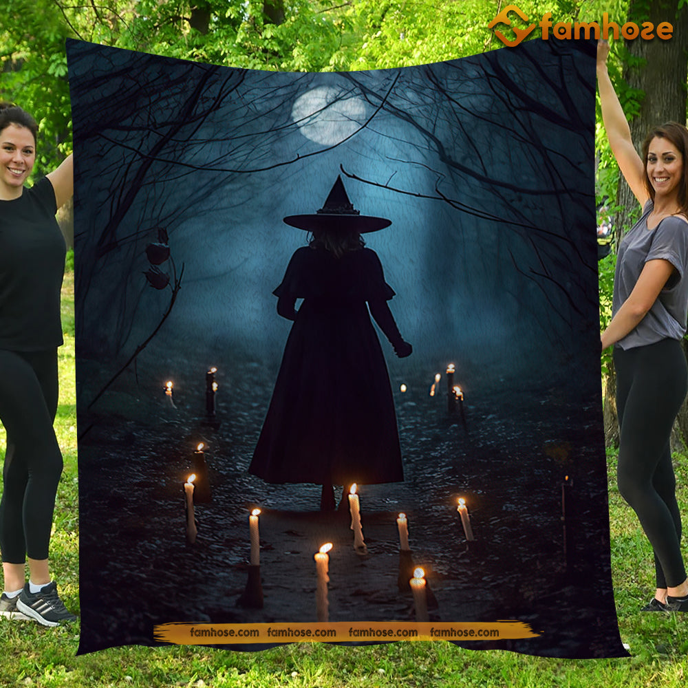 Witch Blanket, The Witch In The Dark Forest Around Candles Fleece Blanket - Sherpa Blanket Gift For Halloween