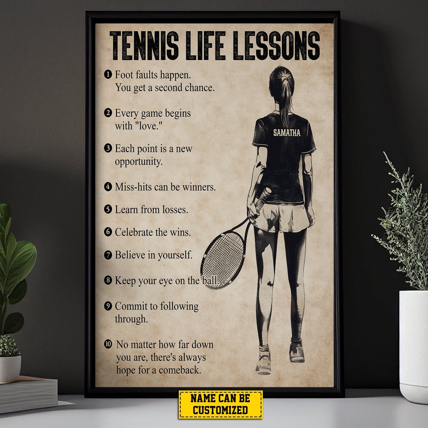 Tennis Life Lessons, Personalized Motivational Tennis Girl Canvas Painting, Inspirational Quotes Wall Art Decor, Poster Gift For Tennis Lovers