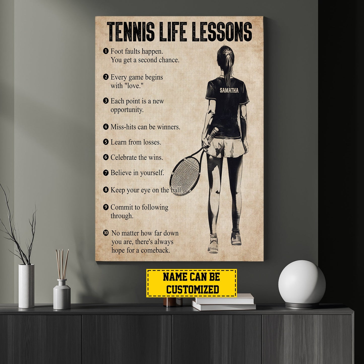 Tennis Life Lessons, Personalized Motivational Tennis Girl Canvas Painting, Inspirational Quotes Wall Art Decor, Poster Gift For Tennis Lovers