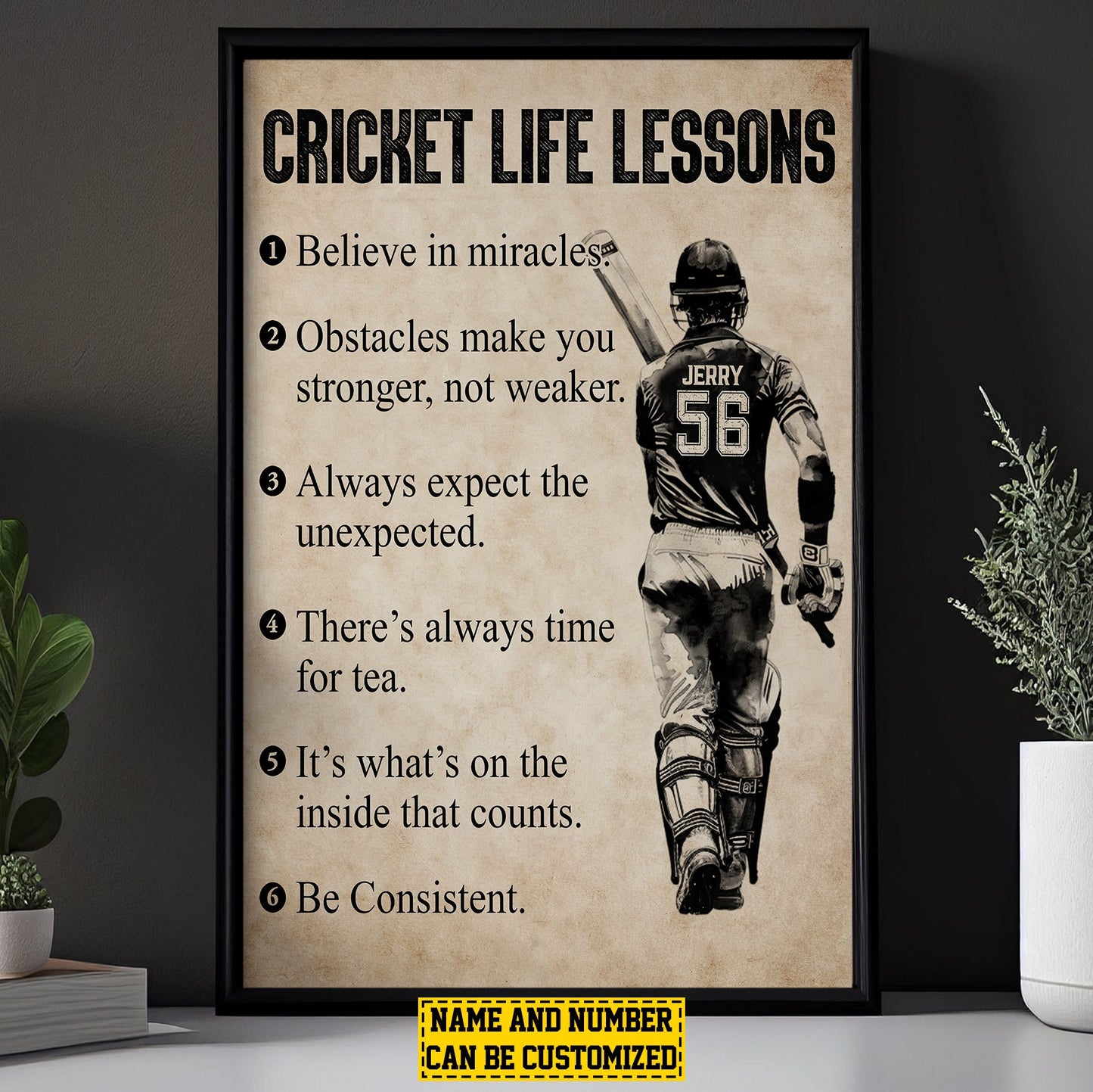 Cricket Life Lessons, Personalized Motivational Cricket Boy Canvas Painting, Inspirational Quotes Wall Art Decor, Poster Gift For Cricket Lovers