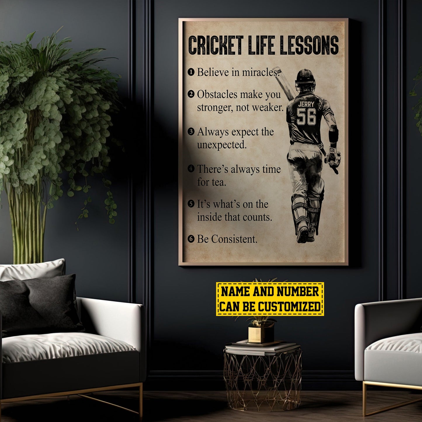 Cricket Life Lessons, Personalized Motivational Cricket Boy Canvas Painting, Inspirational Quotes Wall Art Decor, Poster Gift For Cricket Lovers